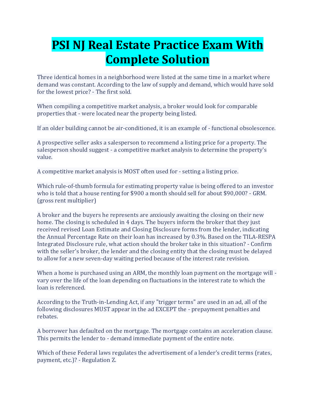 Preview image for PSI NJ Real Estate Practice Exam With Complete Solution