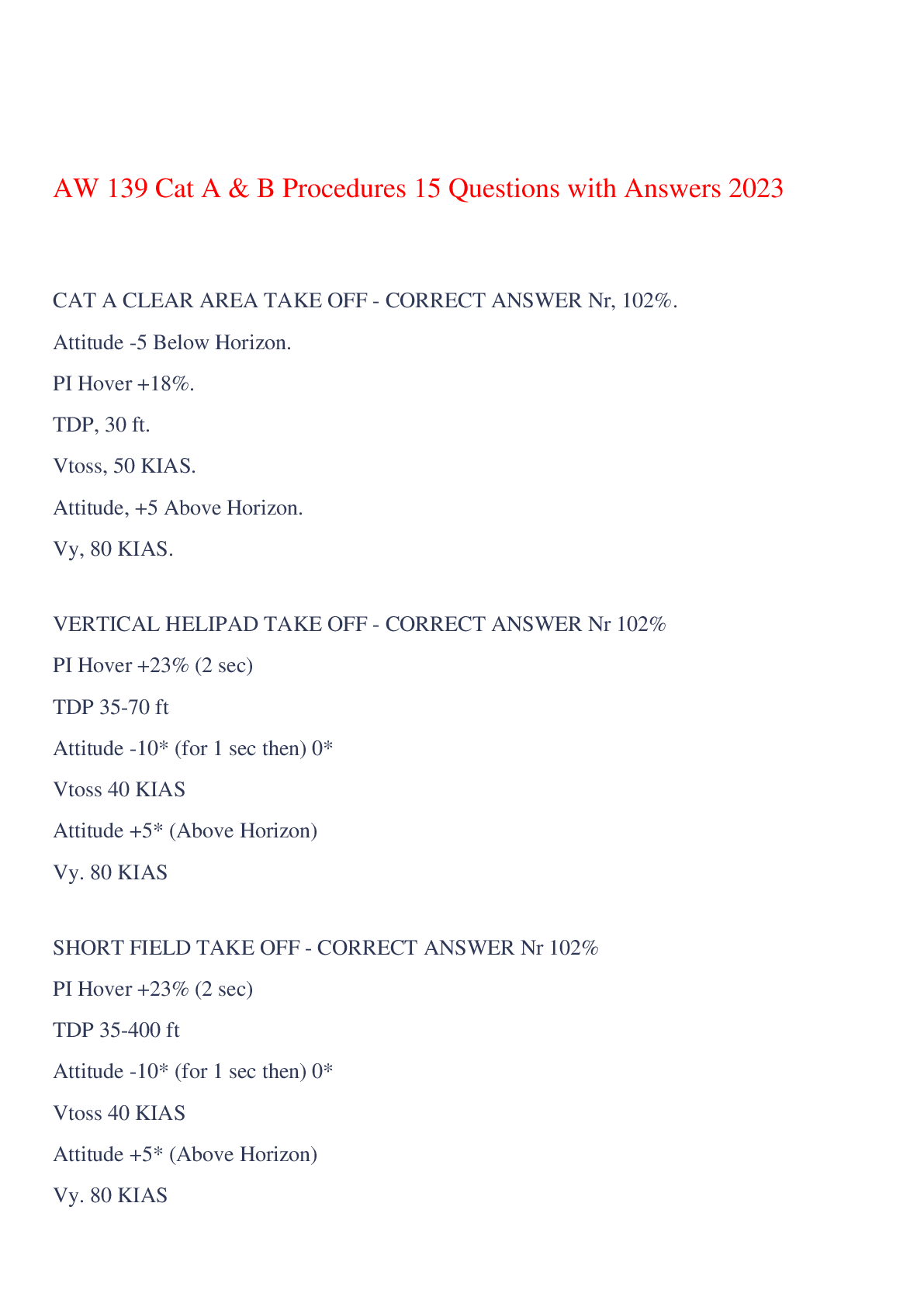 Preview image for AW 139 Cat A & B Procedures 15 Questions with Answers 2023,100% CORRECT