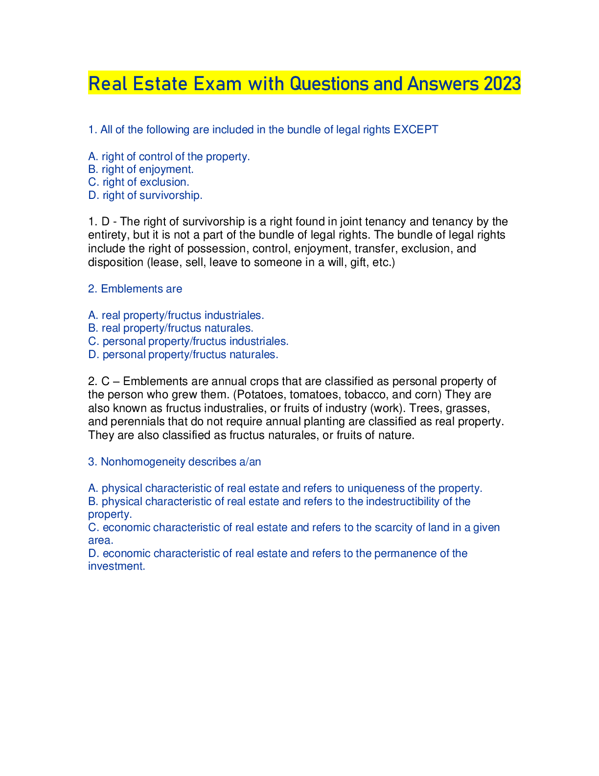Real Estate Exam with Questions and Answers 2023