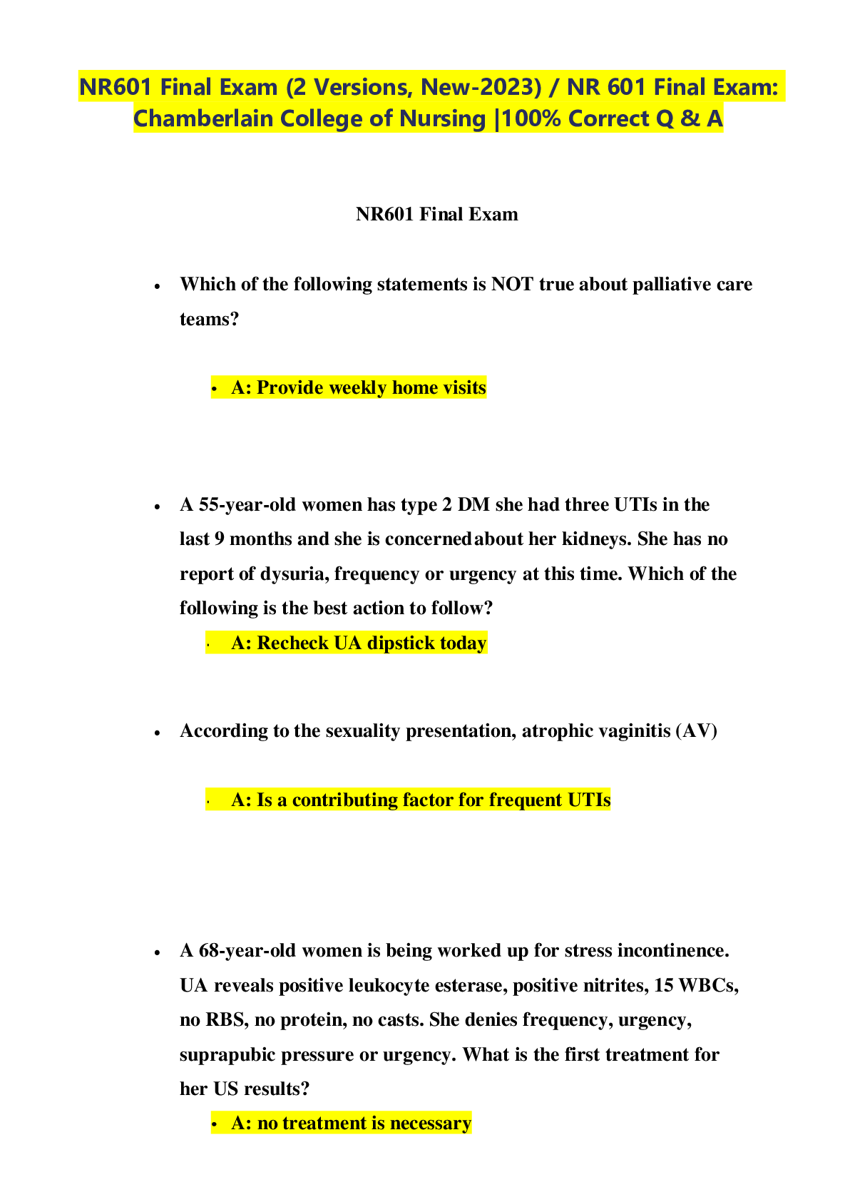 Preview image for NR601 Final Exam (2 Versions, New-2023) / NR 601 Final Exam: Chamberlain College of Nursing