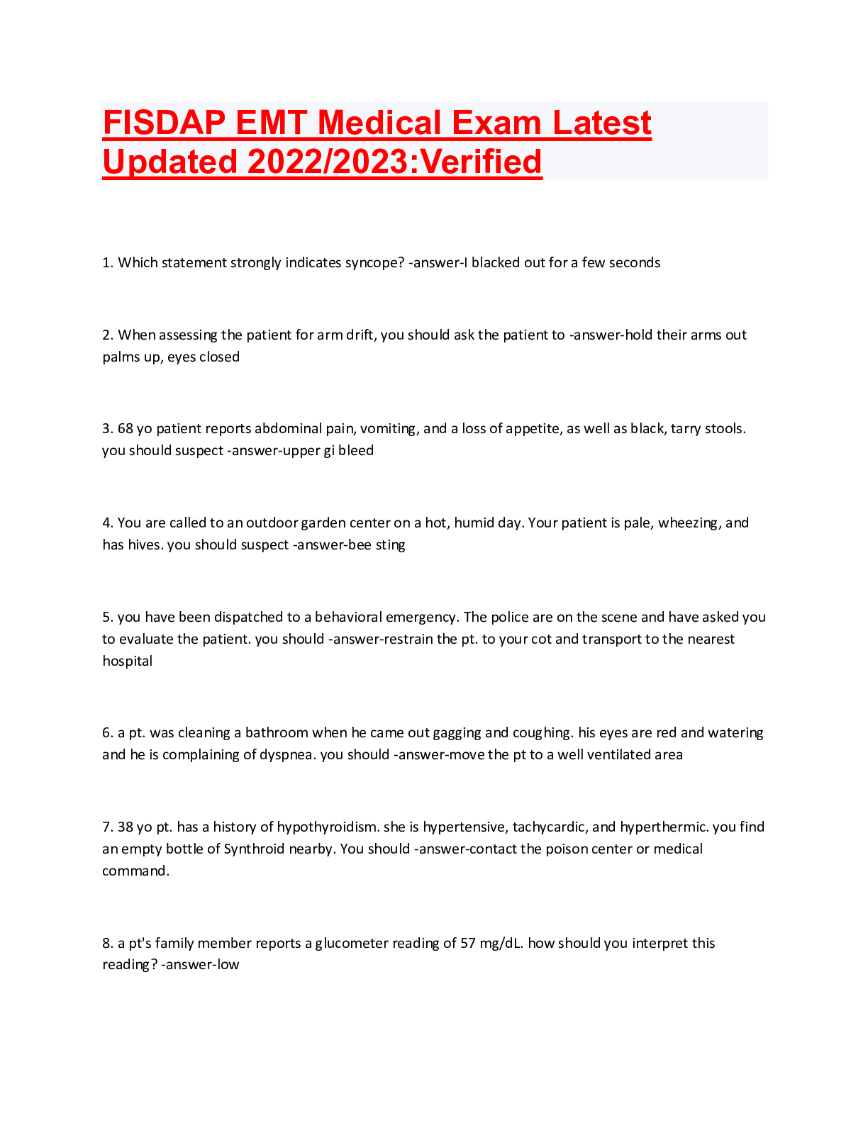 Preview of FISDAP EMT Medical Exam LatestUpdated 2023Verified