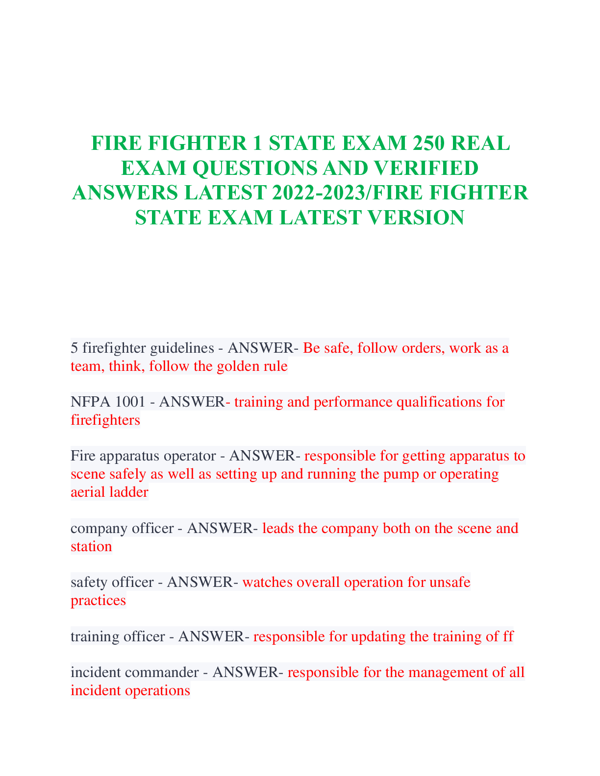 Preview of FIRE FIGHTER 1 STATE EXAM 250 REALEXAM QUESTIONS AND VERIFIEDANSWERS LATEST 2022-2023FIRE