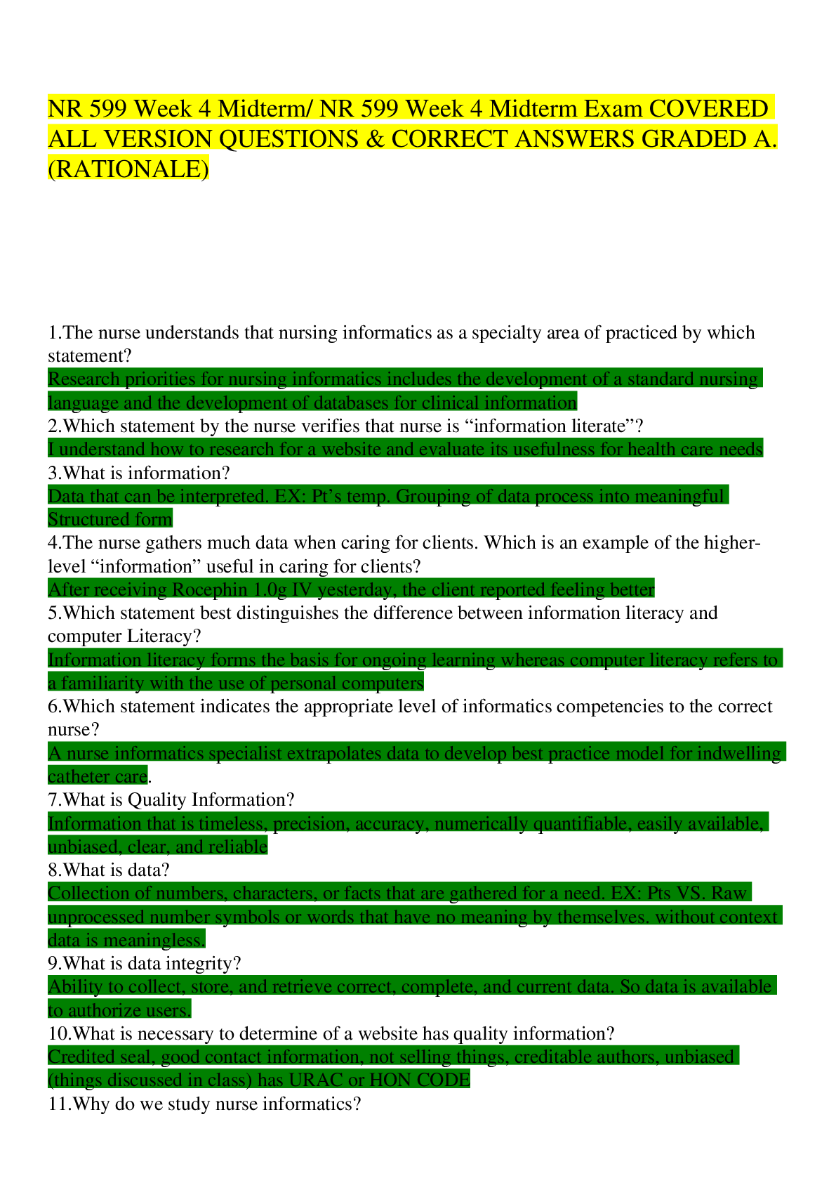 Preview image for NR 599 Week 4 Midterm/ NR 599 Week 4 Midterm Exam COVERED ALL VERSION QUESTIONS & CORRECT ANSWERS GRADED A.(RATIONALE)