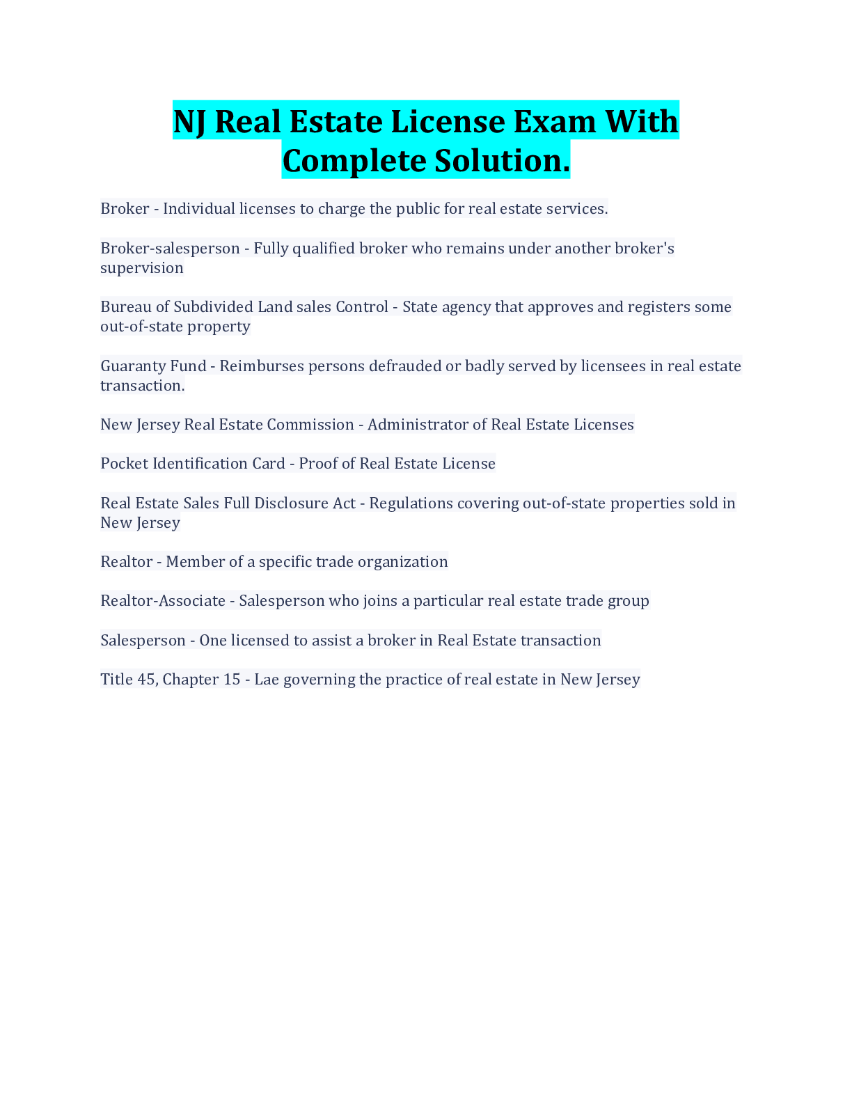 Preview image for NJ Real Estate License Exam With Complete Solution.