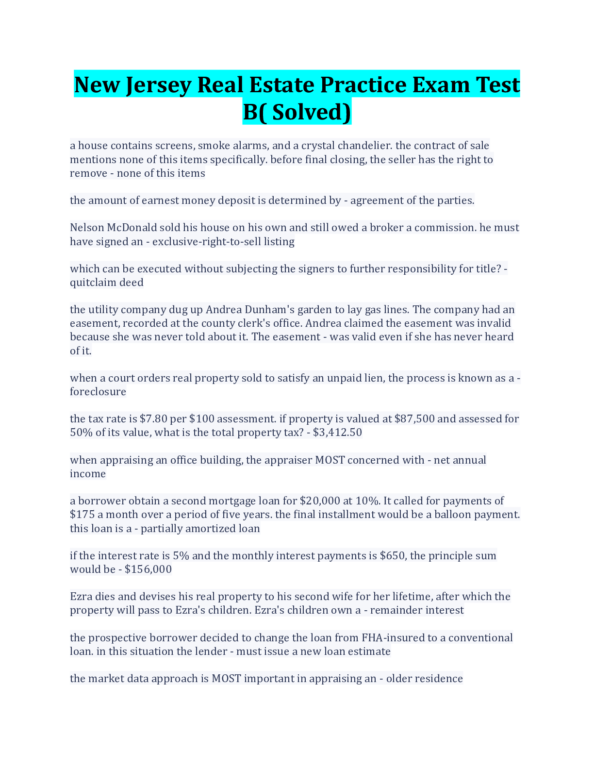 Preview image for New Jersey Real Estate Practice Exam Test B( Solved)