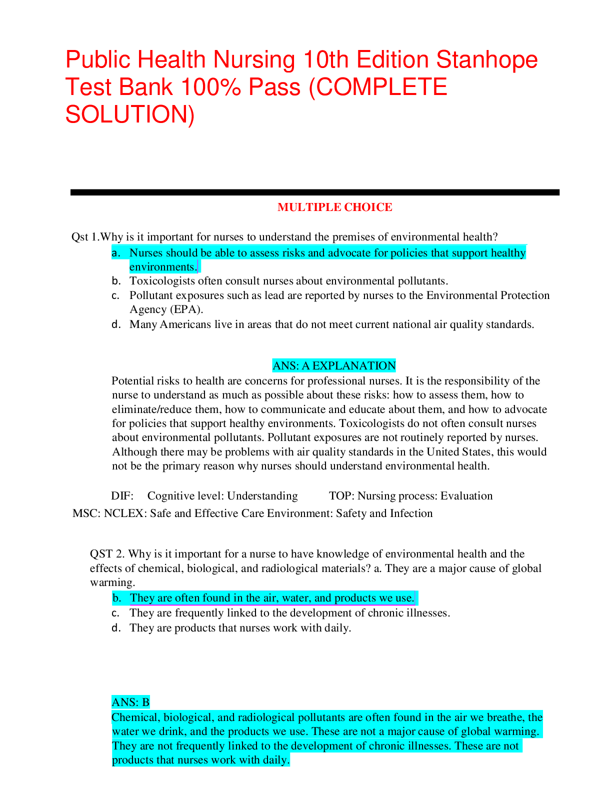Preview image for Public Health Nursing 10th Edition Stanhope Test Bank 100% Pass (COMPLETE SOLUTION)