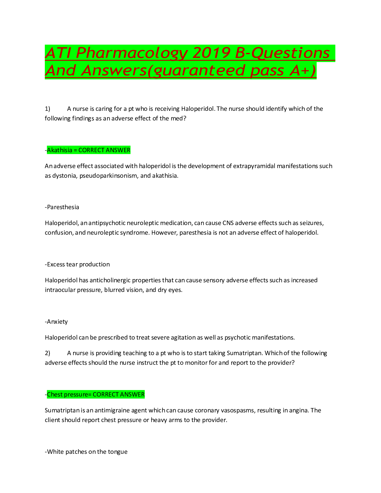 Preview image for ATI Pharmacology 2019 B-Questions And Answers(guaranteed pass A+)