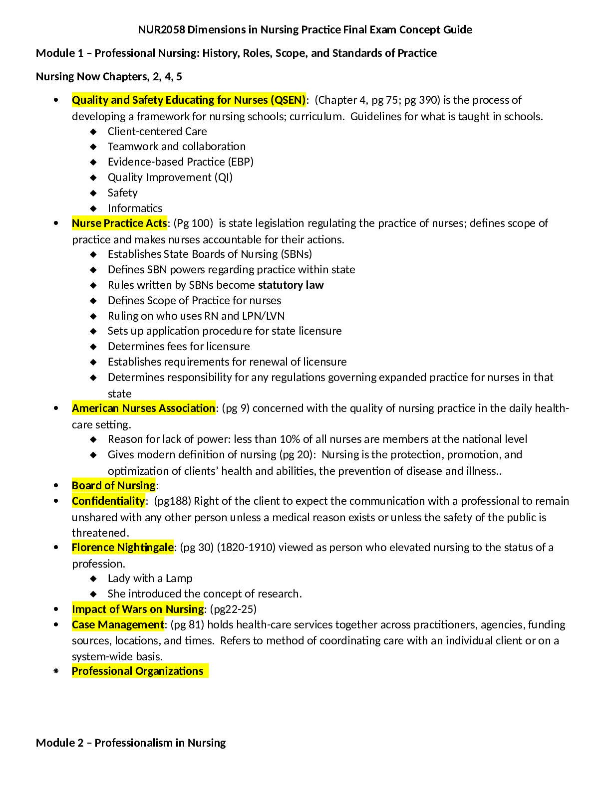 Preview of NUR2058 Dimensions in Nursing Practice Final Exam Concept Guide