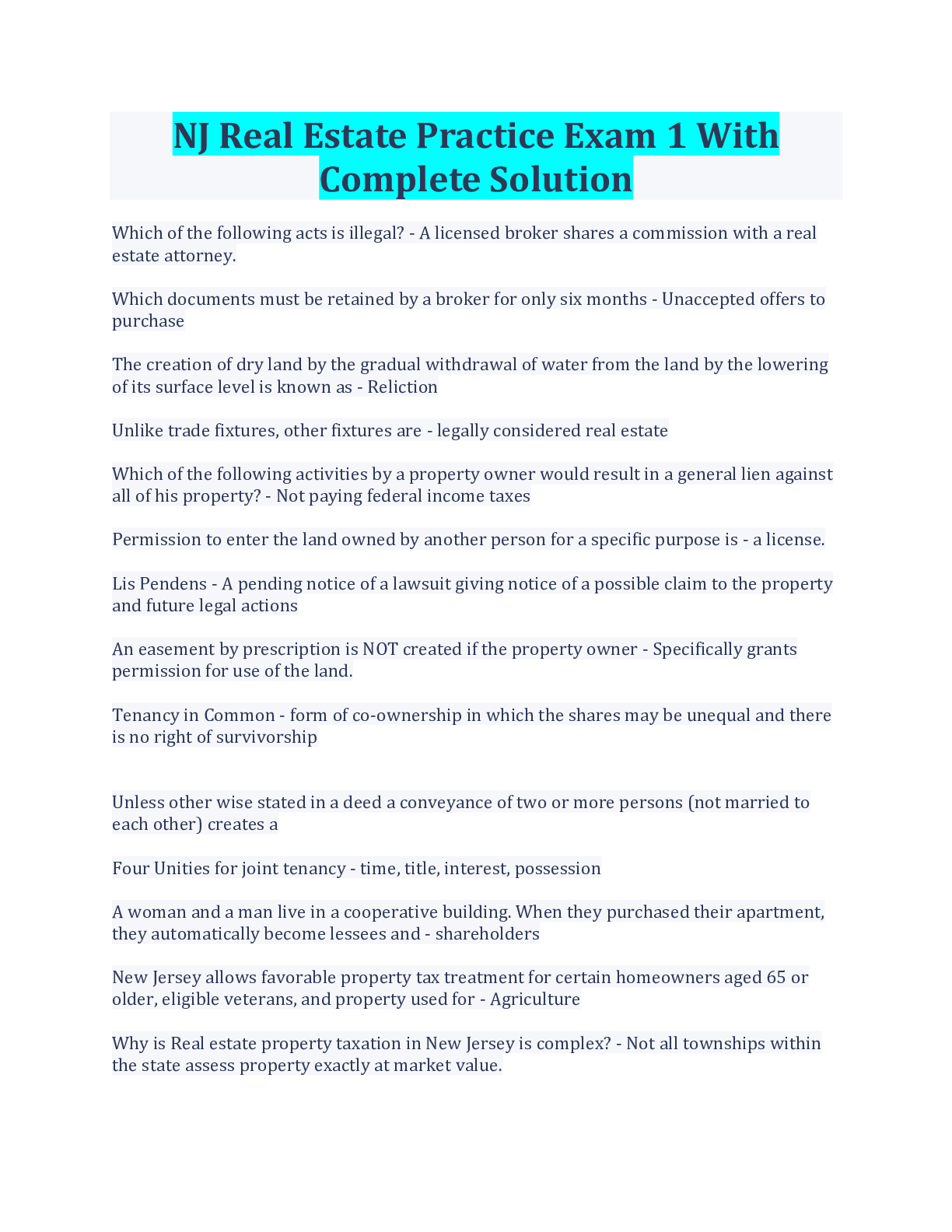 Preview image for NJ Real Estate Practice Exam 1 With Complete Solution