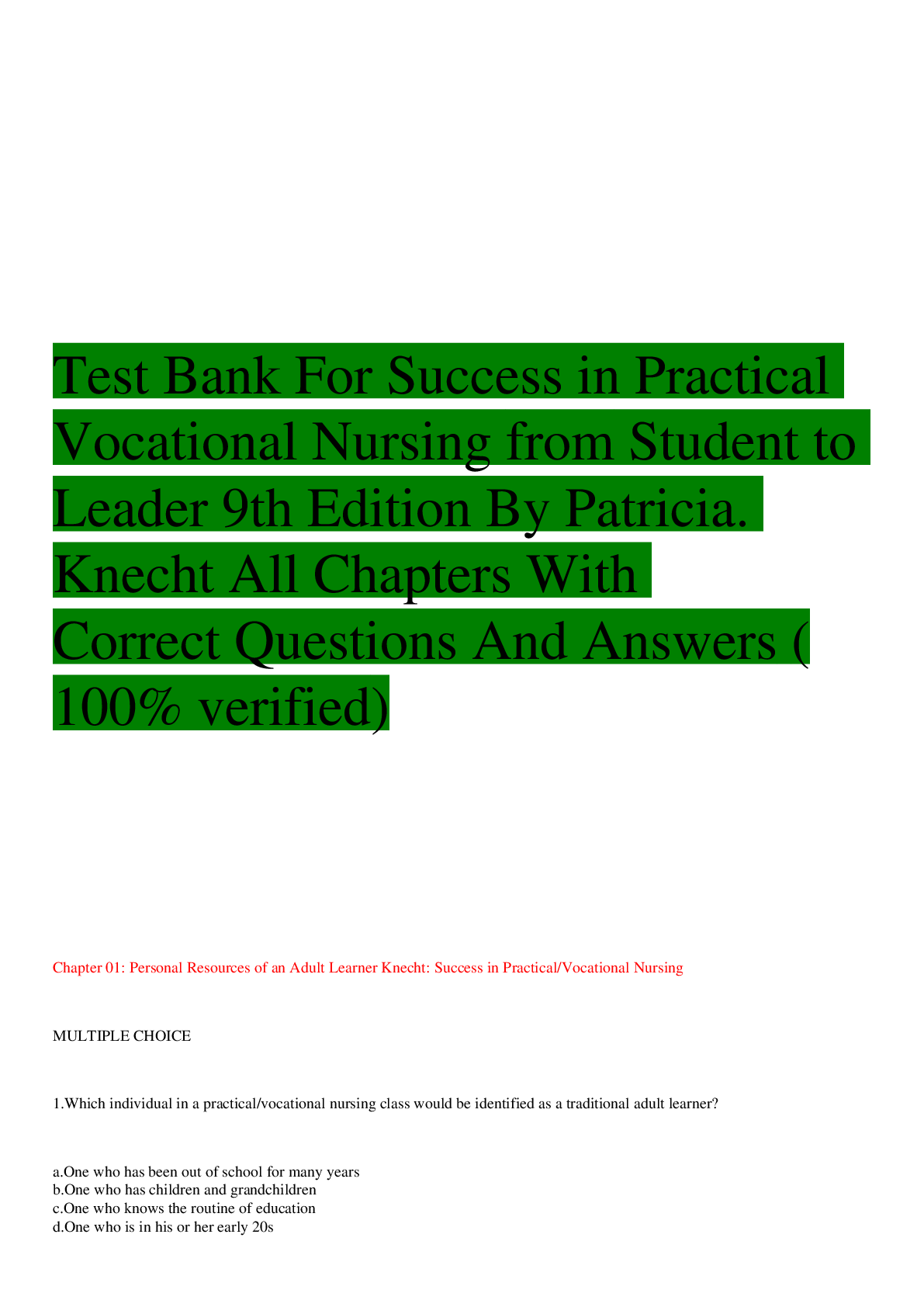 Preview image for Test Bank For Success in Practical Vocational Nursing from Student to Leader 9th Edition By Patricia. Knecht All Chapters With Correct Questions And Answers (100% verified)