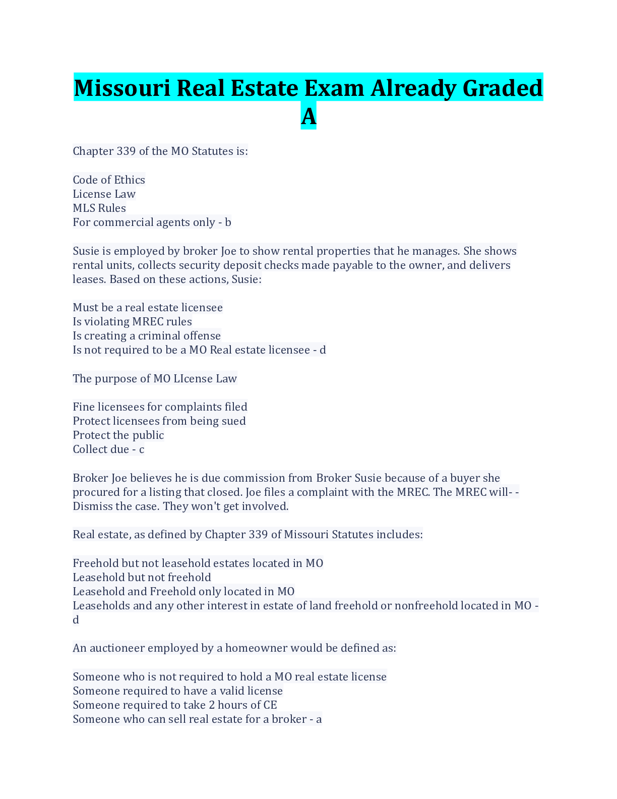 Preview image for Missouri Real Estate Exam Already Graded A