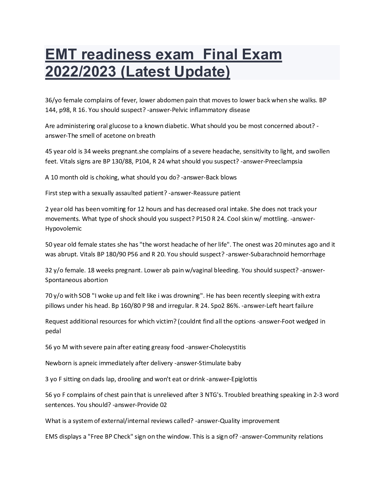 Preview image for EMT FISDAP READINESS EXAM Real Questions and Answers (20222023) (Verified Answers