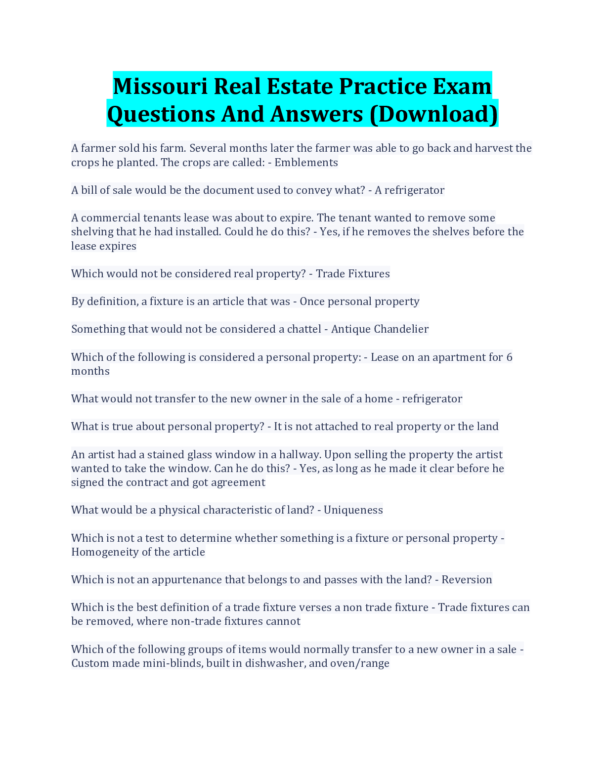Preview image for Missouri Real Estate Practice Exam Questions And Answers (Download)
