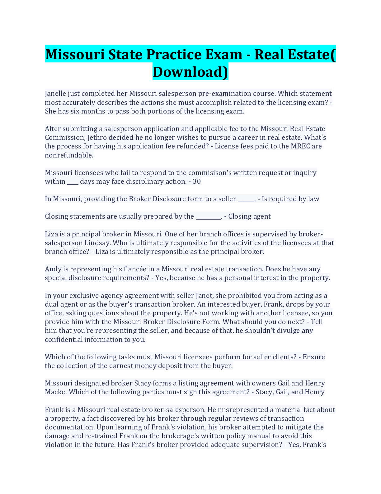 Preview image for Missouri State Practice Exam - Real Estate( Download)