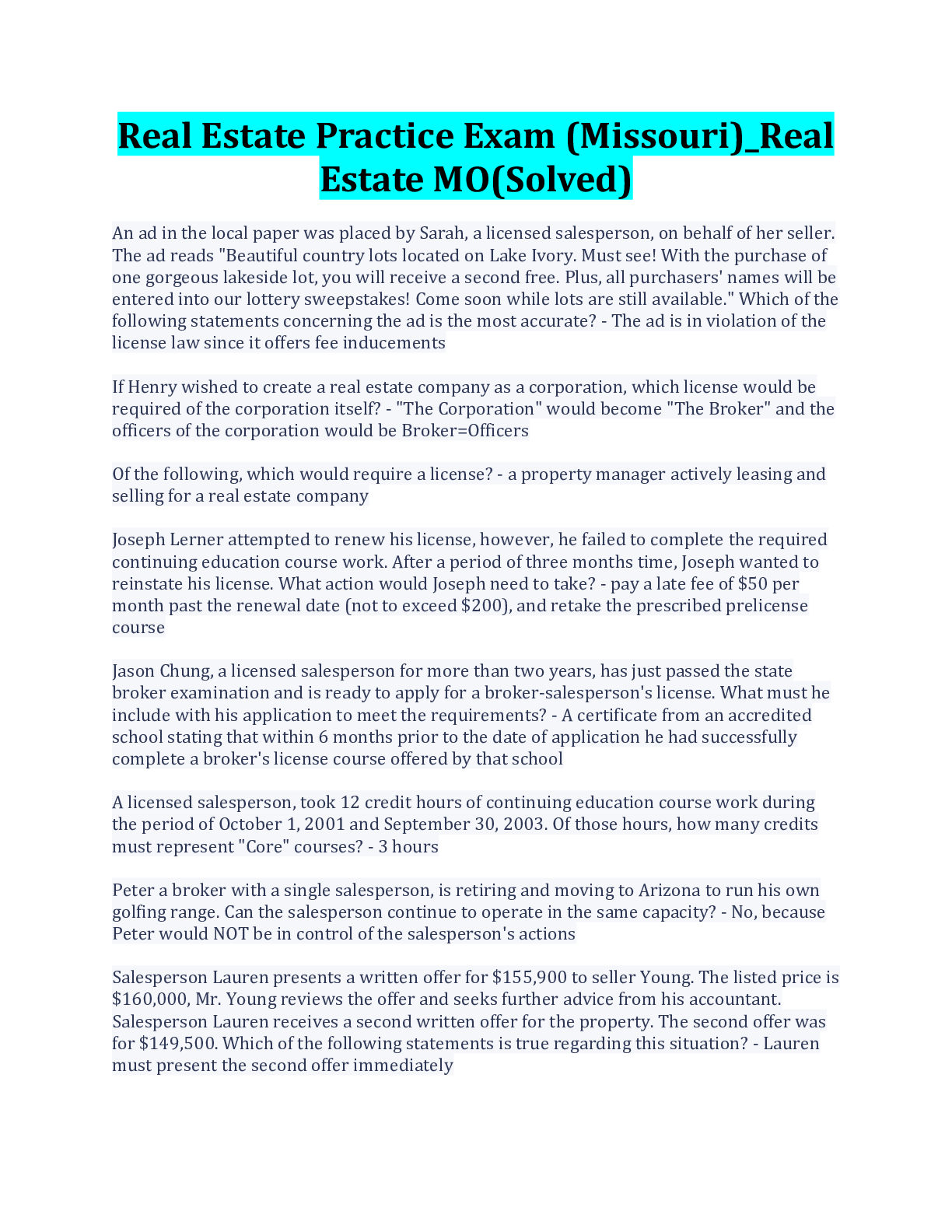 Preview image for Real Estate Practice Exam (Missouri)_Real Estate MO(Solved)