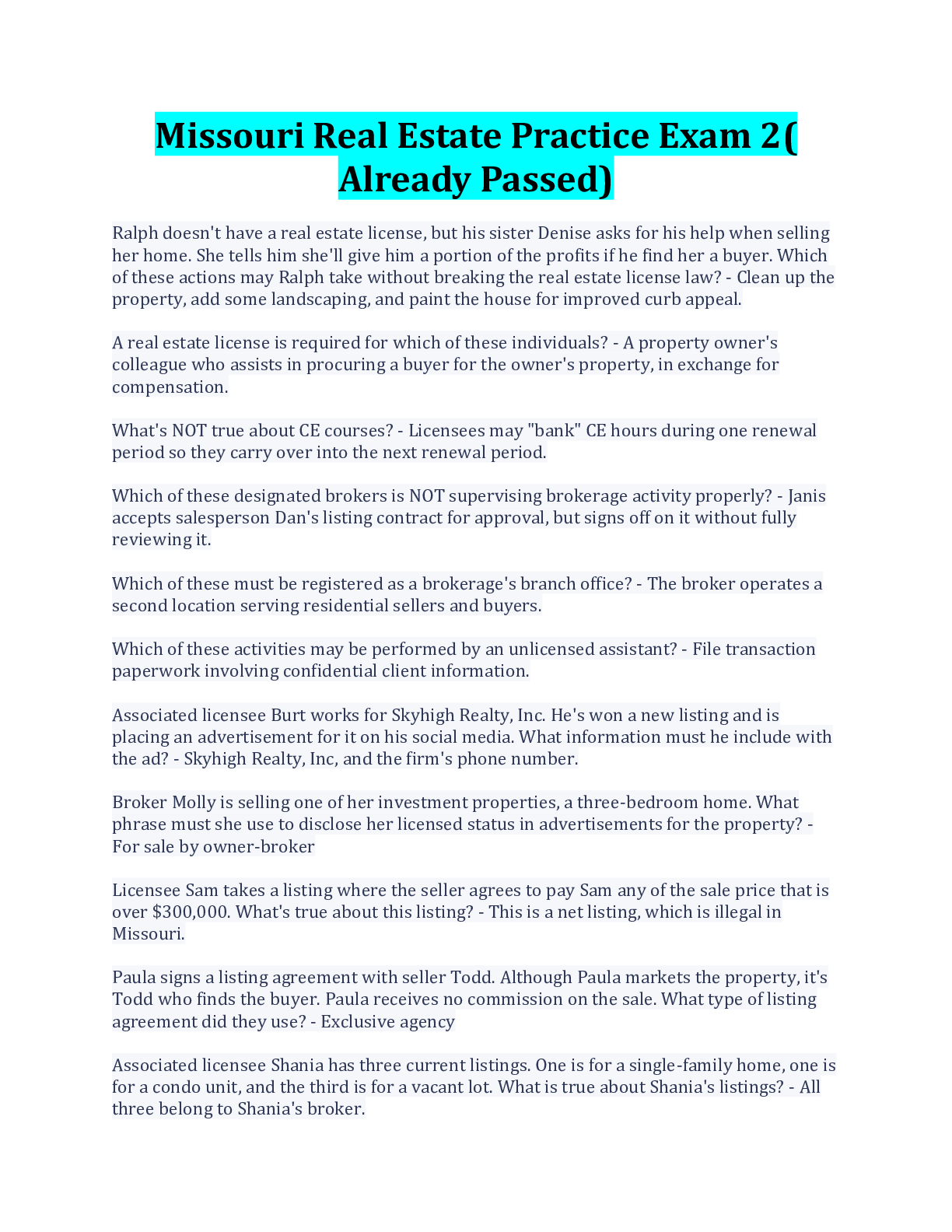 Preview image for Missouri Real Estate Practice Exam 2( Already Passed)