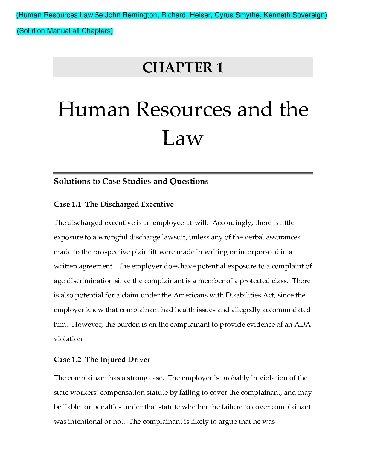 Preview of Human Resources Law 5e John Remington, Richard  Heiser, Cyrus Smythe, Kenneth Sovereign (S