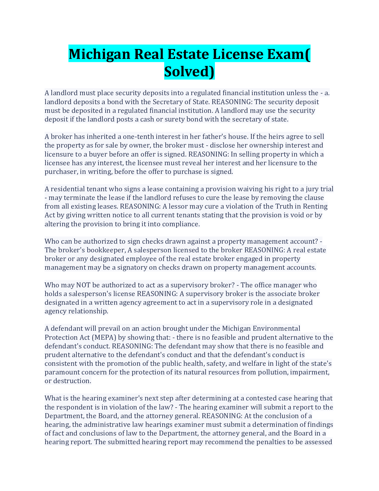 Preview image for Michigan Real Estate License Exam( Solved)