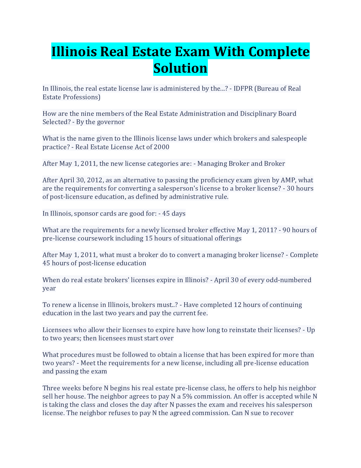 Preview image of Illinois Real Estate Exam With Complete Solution document