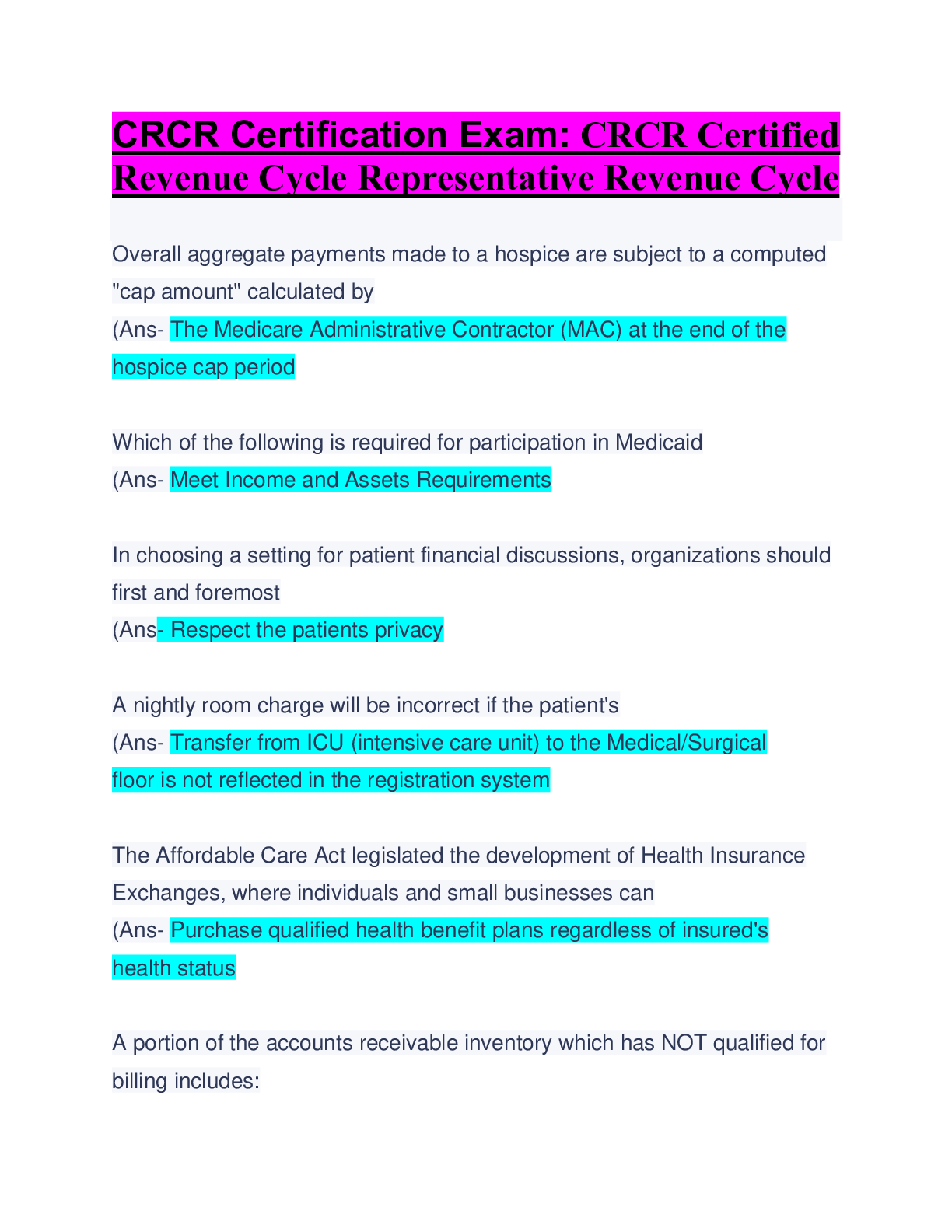 Preview of CRCR Certification Exam: CRCR Certified Revenue Cycle Representative Revenue Cycle: Questi