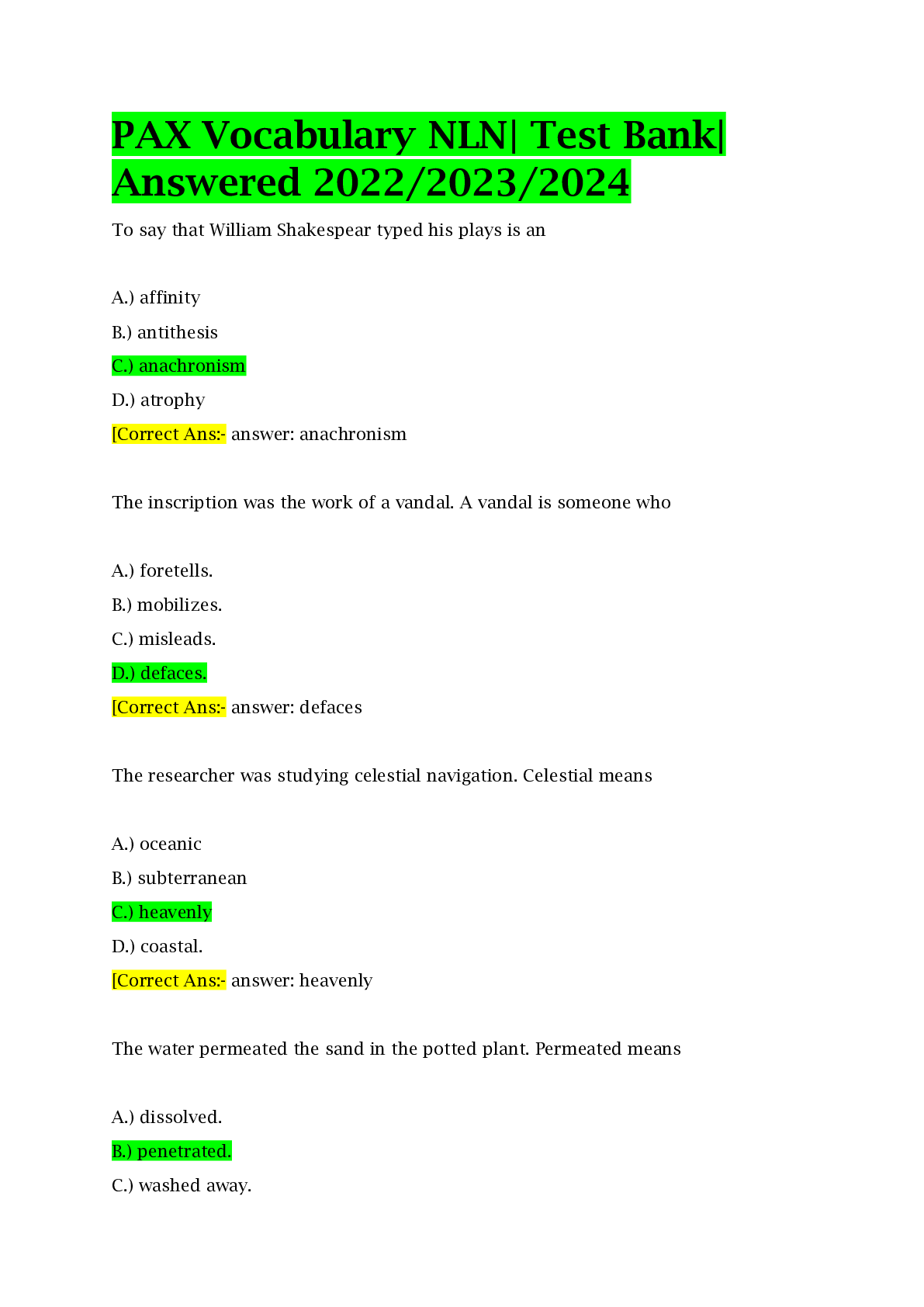 PAX Vocabulary NLN| Test Bank| Answered 2022/2023/2024