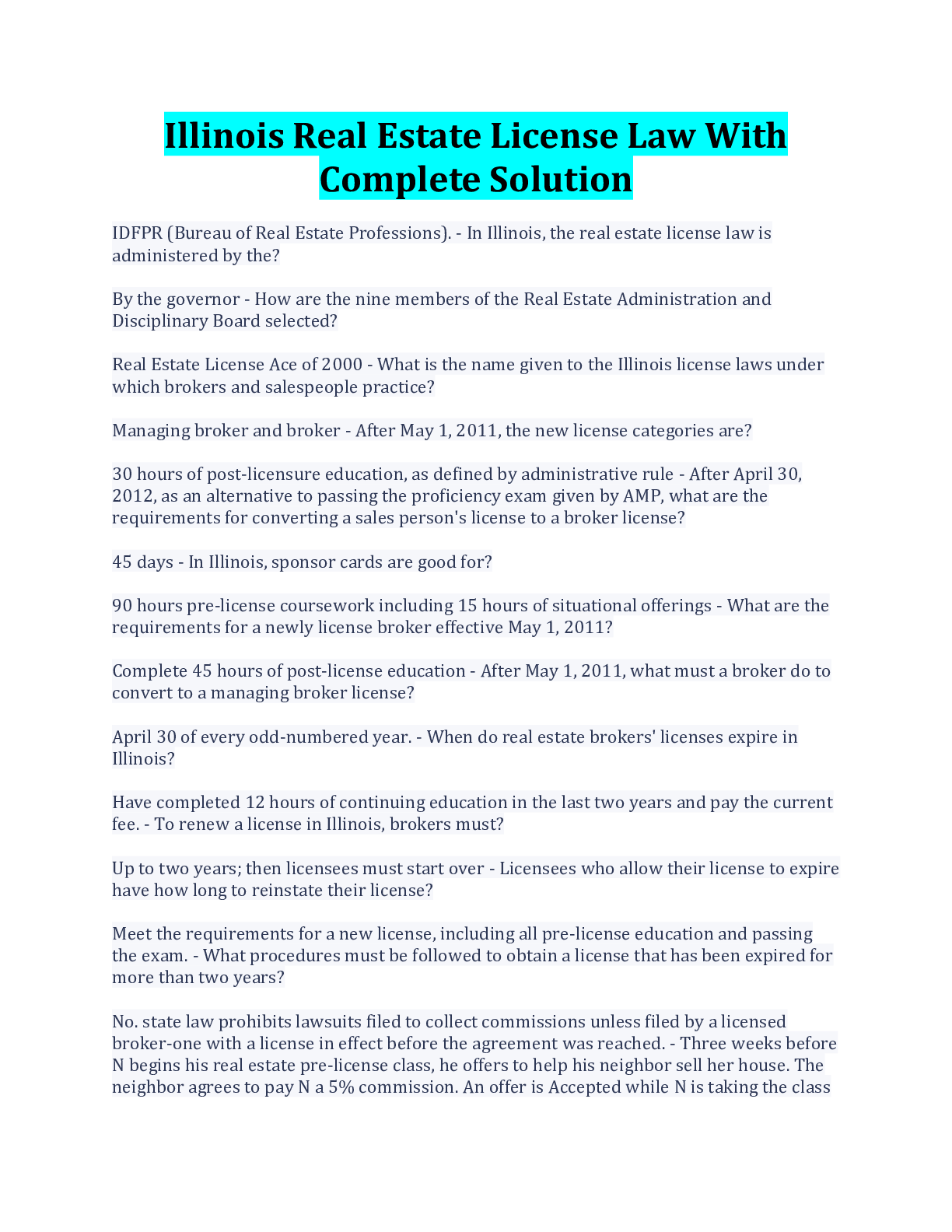 Preview image for Illinois Real Estate License Law With Complete Solution