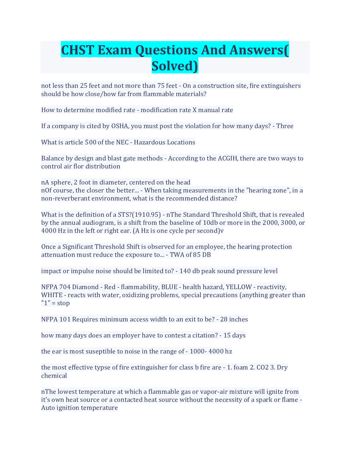 Preview image for CHST Exam Questions And Answers( Solved)