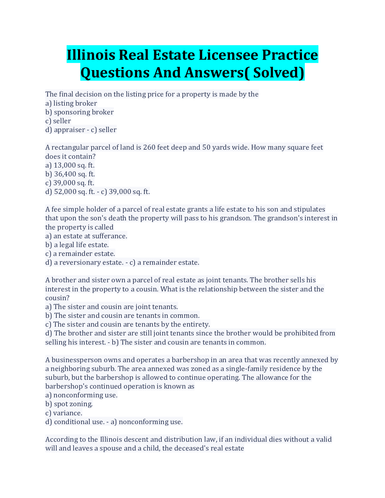 Preview image for Illinois Real Estate Licensee Practice Questions And Answers( Solved)