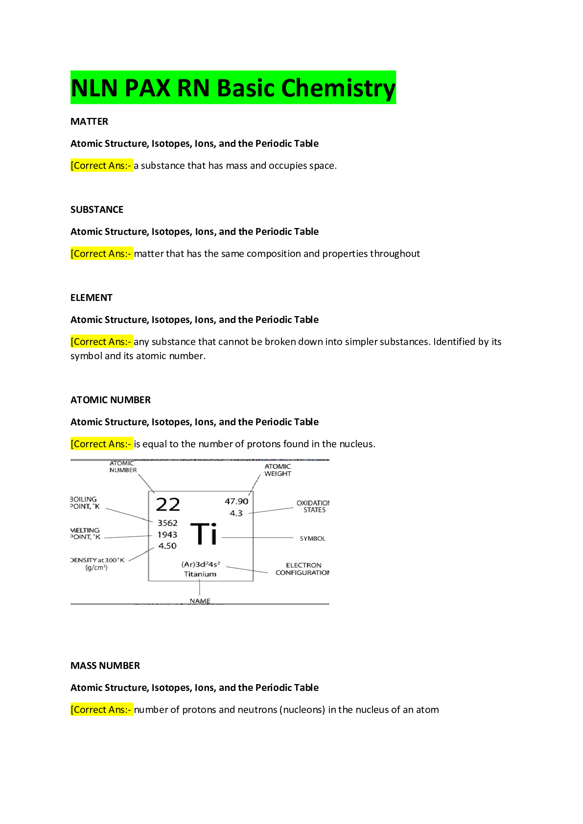 Preview of NLN PAX RN Basic Chemistry Questions and Answers 100% with Diagram