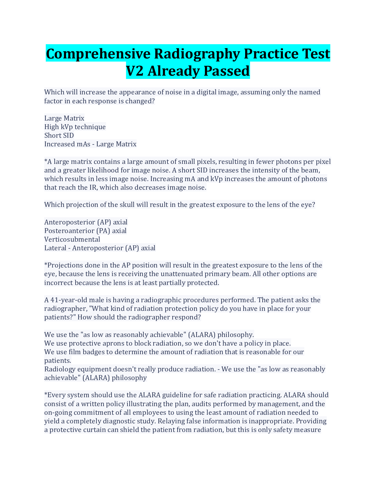 Preview image for Comprehensive Radiography Practice Test V2 Already Passed