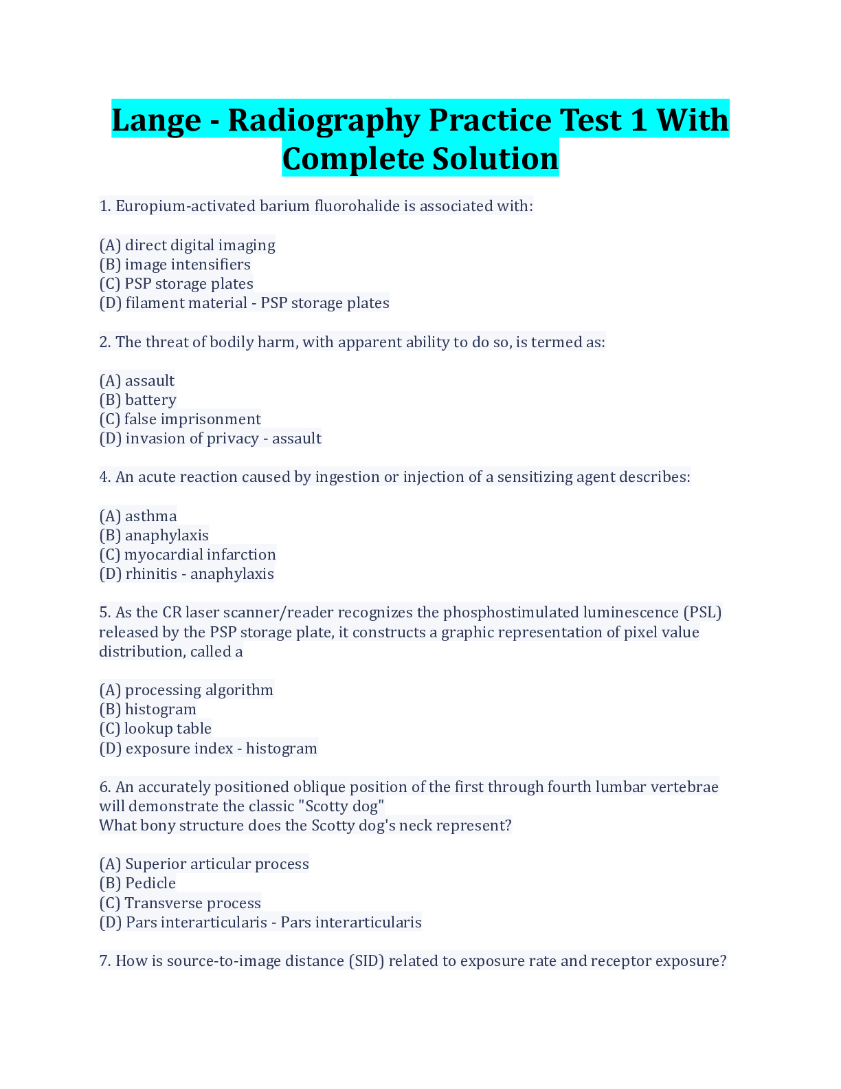 Preview image for Lange - Radiography Practice Test 1 With Complete Solution