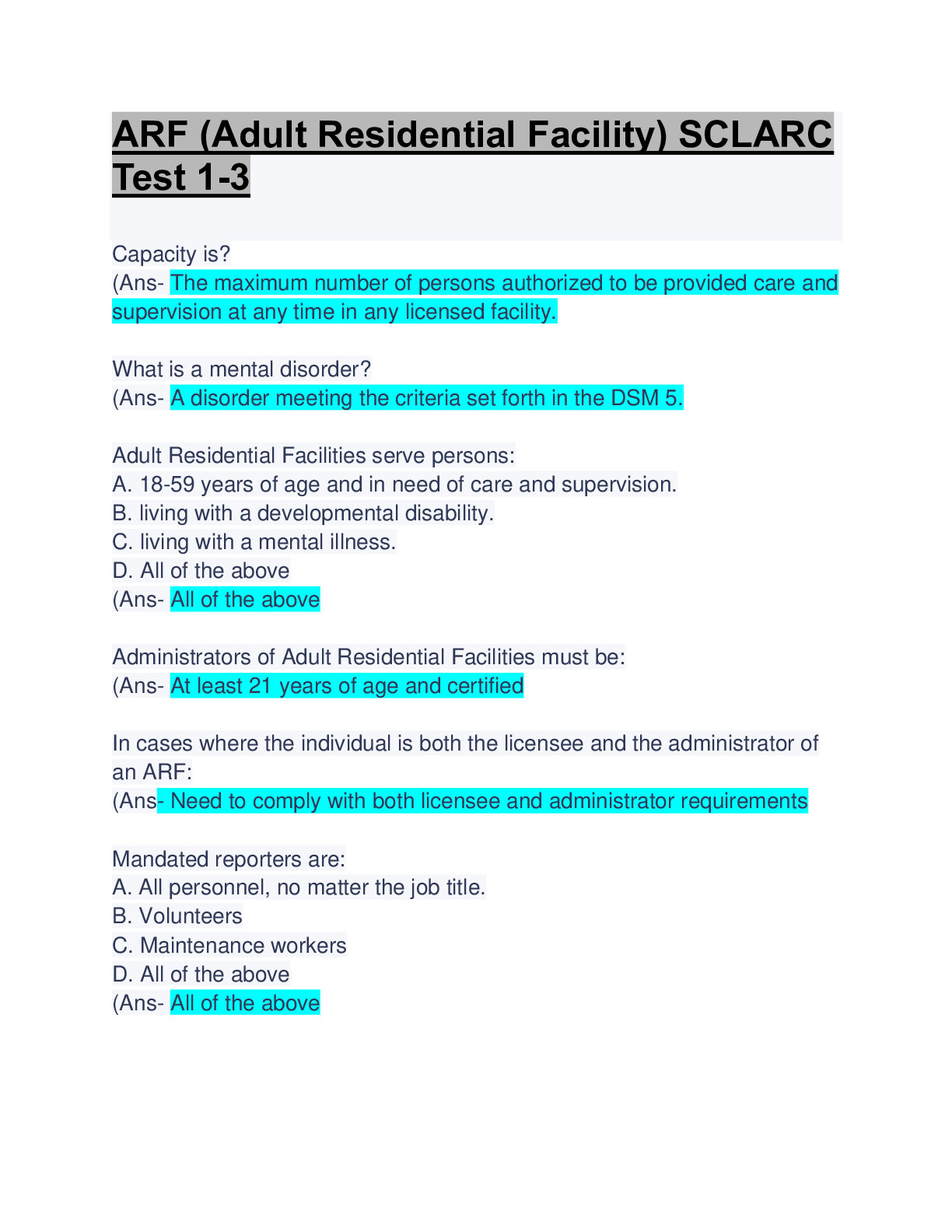 Preview of ARF (Adult Residential Facility) SCLARC Test 1-3: Questions & Answers: Latest Updated