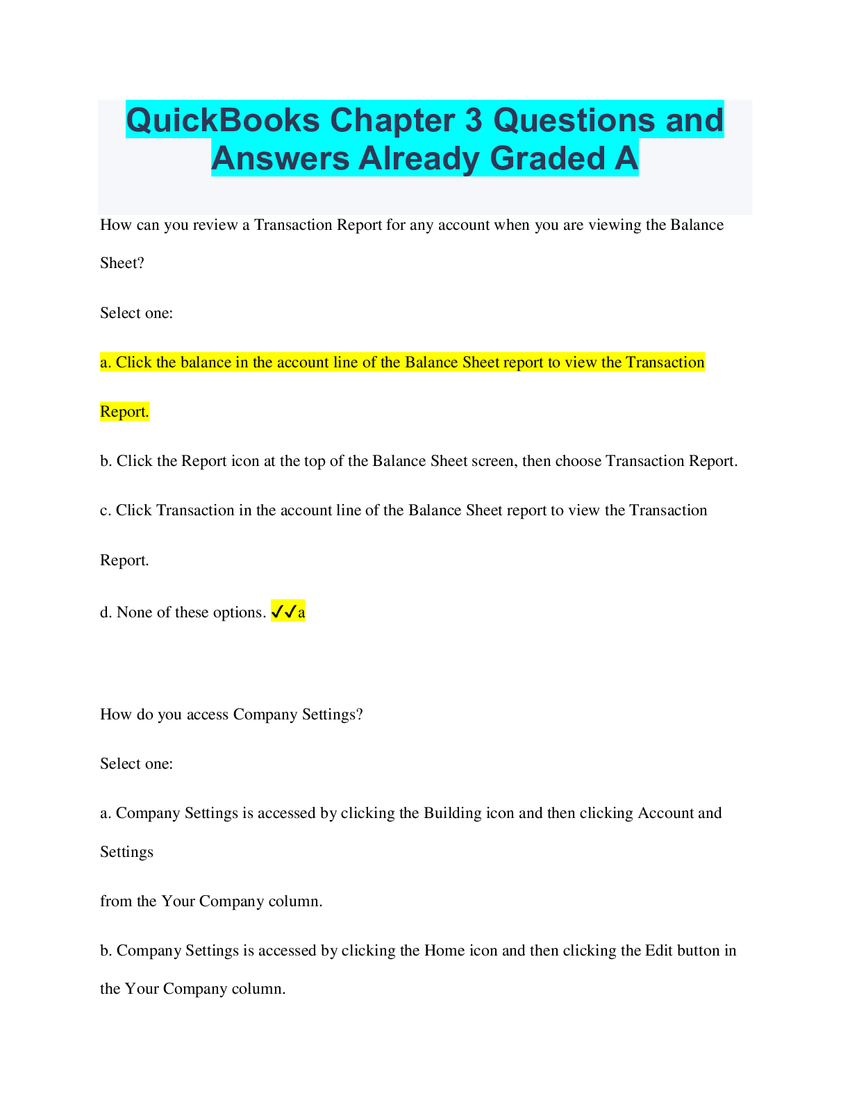 Preview image for QuickBooks Chapter 3 Questions and Answers Already Graded A