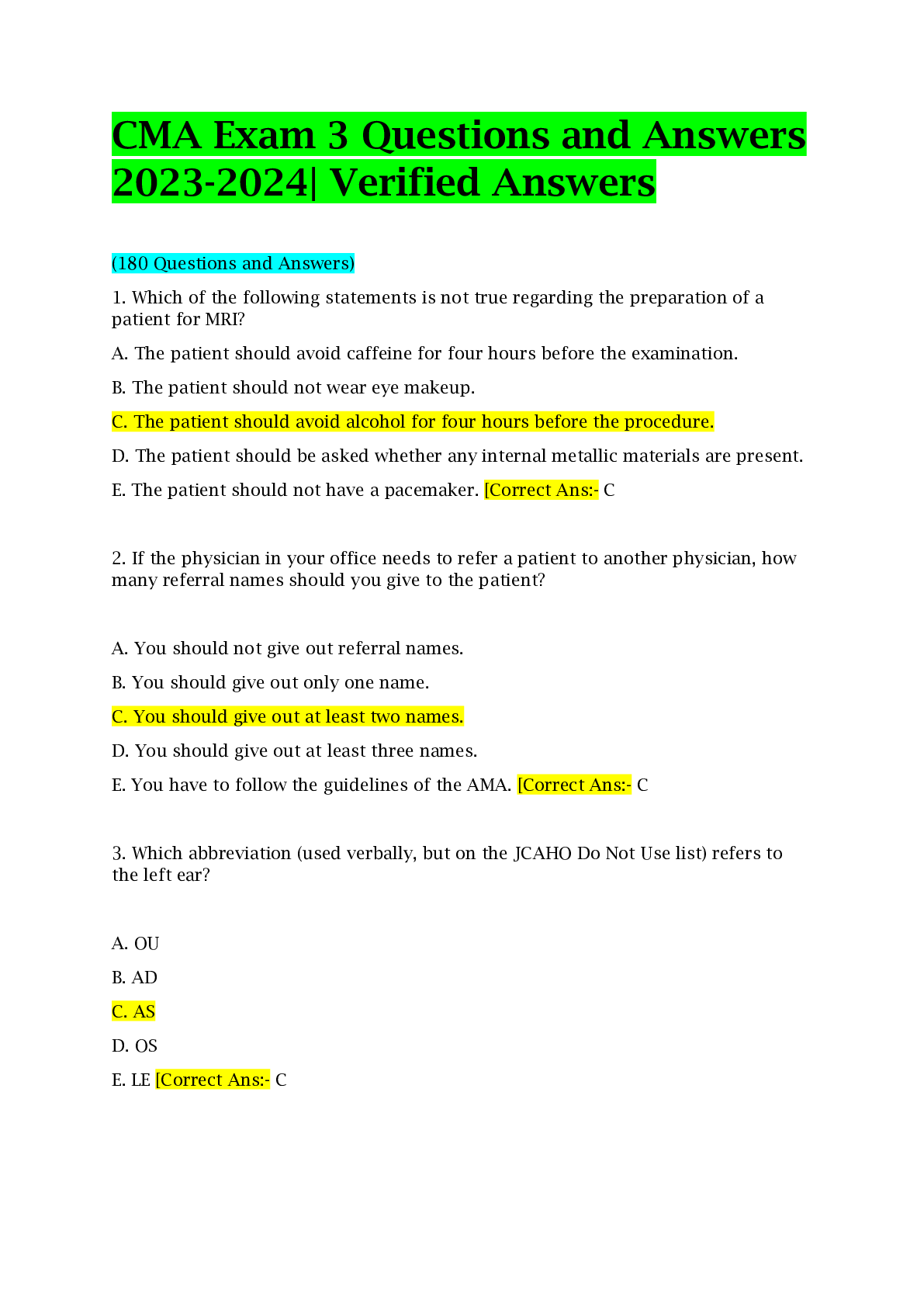 CMA Practice Exam 3 Questions and Answers 2023-2024| Verified Answers