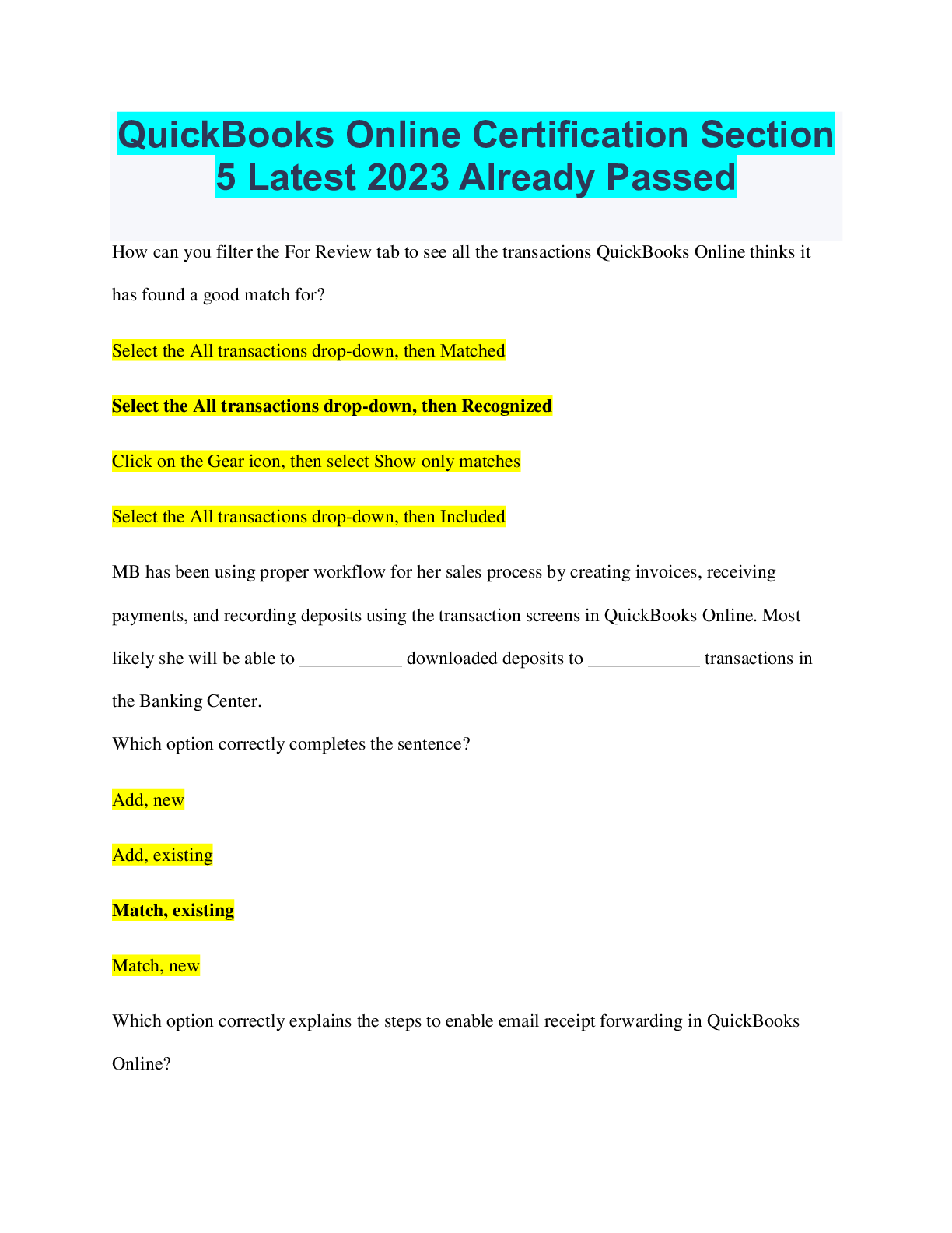 Preview image of QuickBooks Online Certification Section 5 Latest 2023 Already Passed document