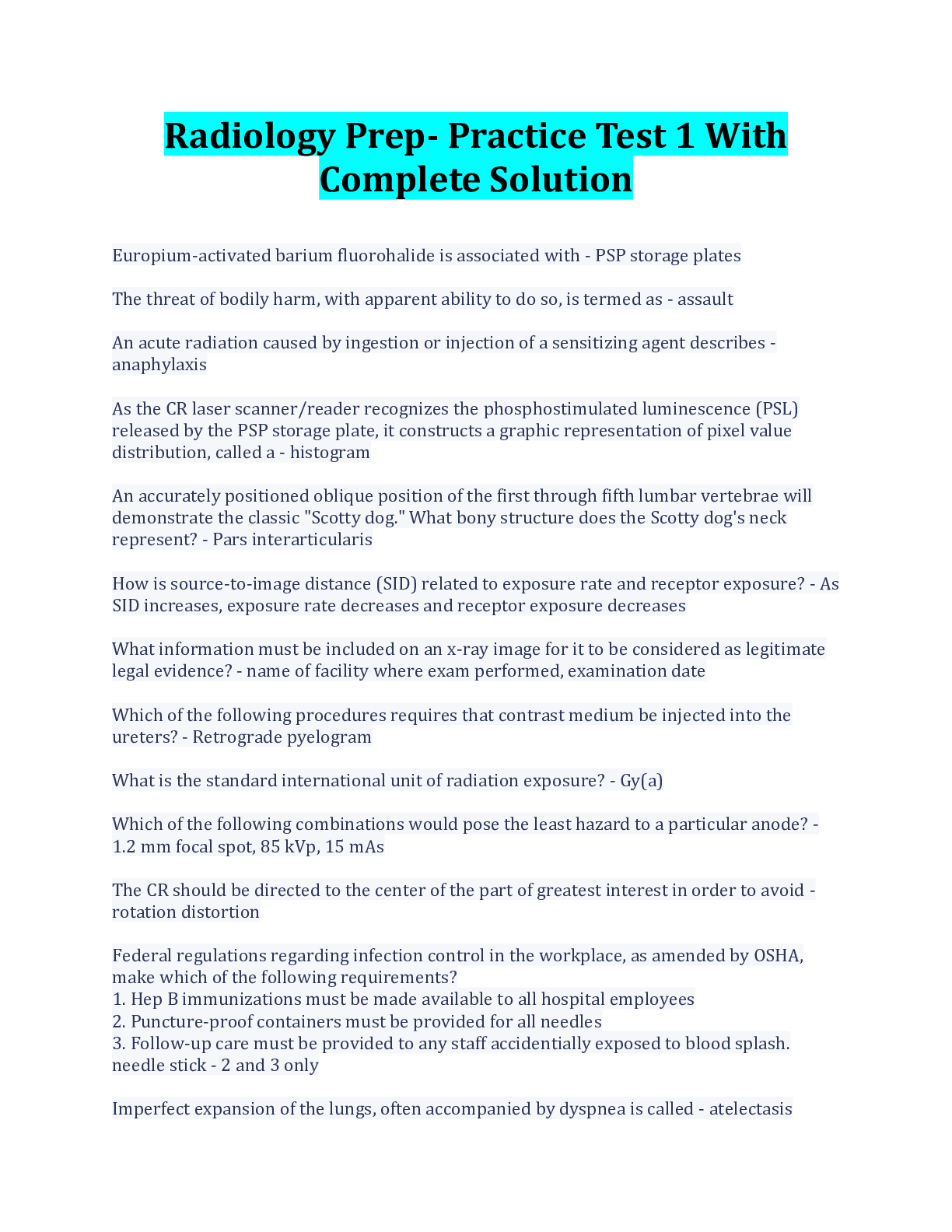 Preview image for Radiology Prep- Practice Test 1 With Complete Solution