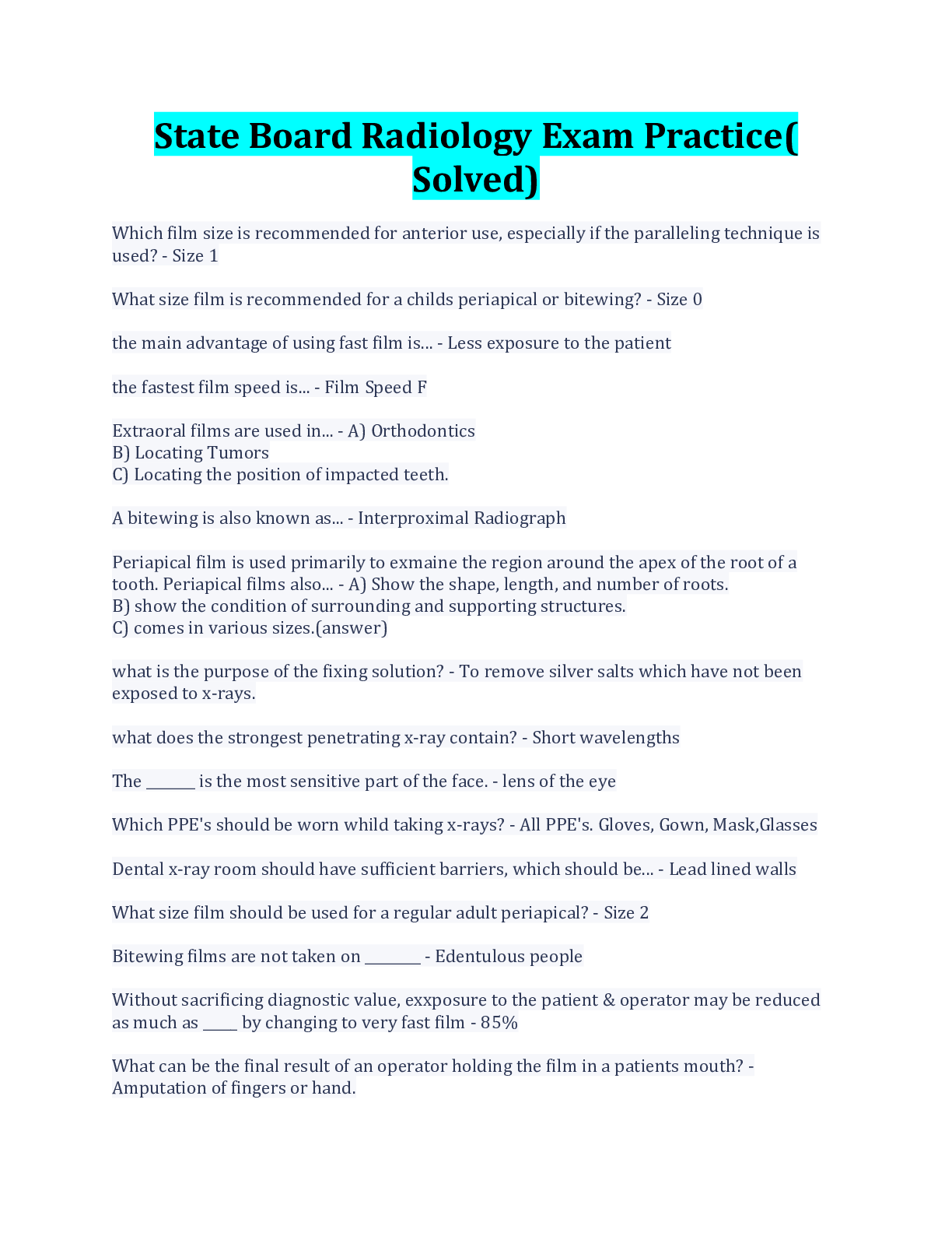 Preview image for State Board Radiology Exam Practice( Solved)