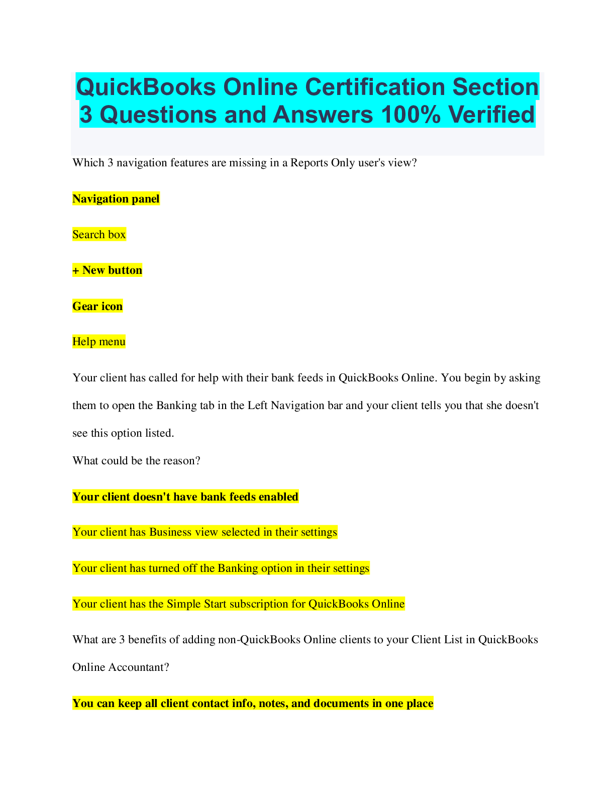 Preview of QuickBooks Online Certification Section 3 Questions and Answers 100% Verified