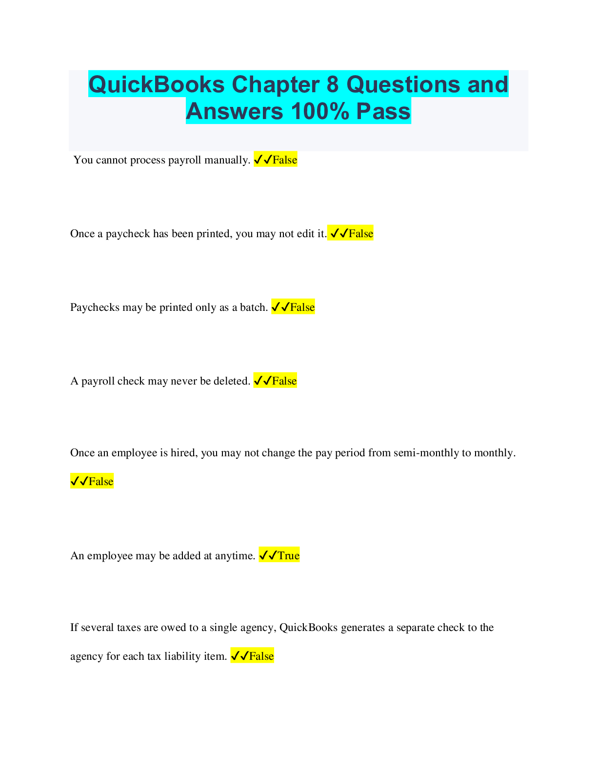 Preview image of QuickBooks Chapter 8 Questions and Answers 100% Pass document