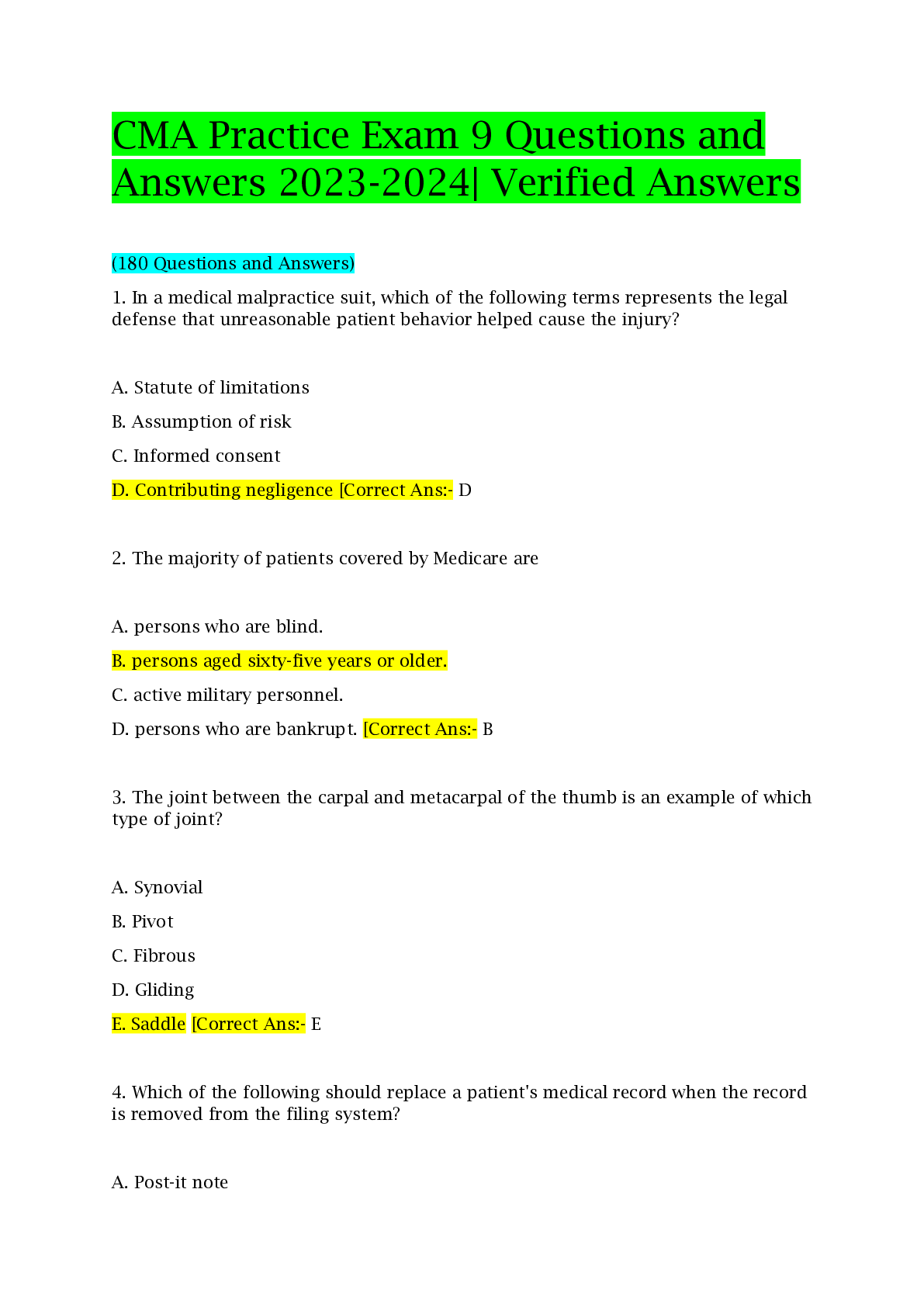 CMA Practice Exam 9 Questions and Answers 2023-2024| Verified Answers
