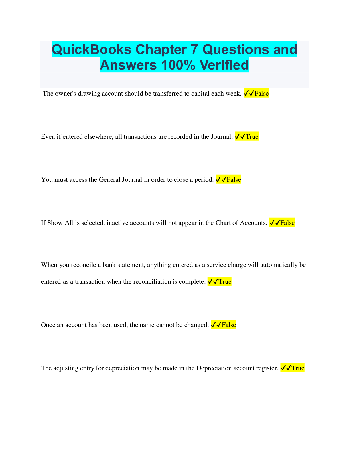 Preview image for QuickBooks Chapter 7 Questions and Answers 100% Verified