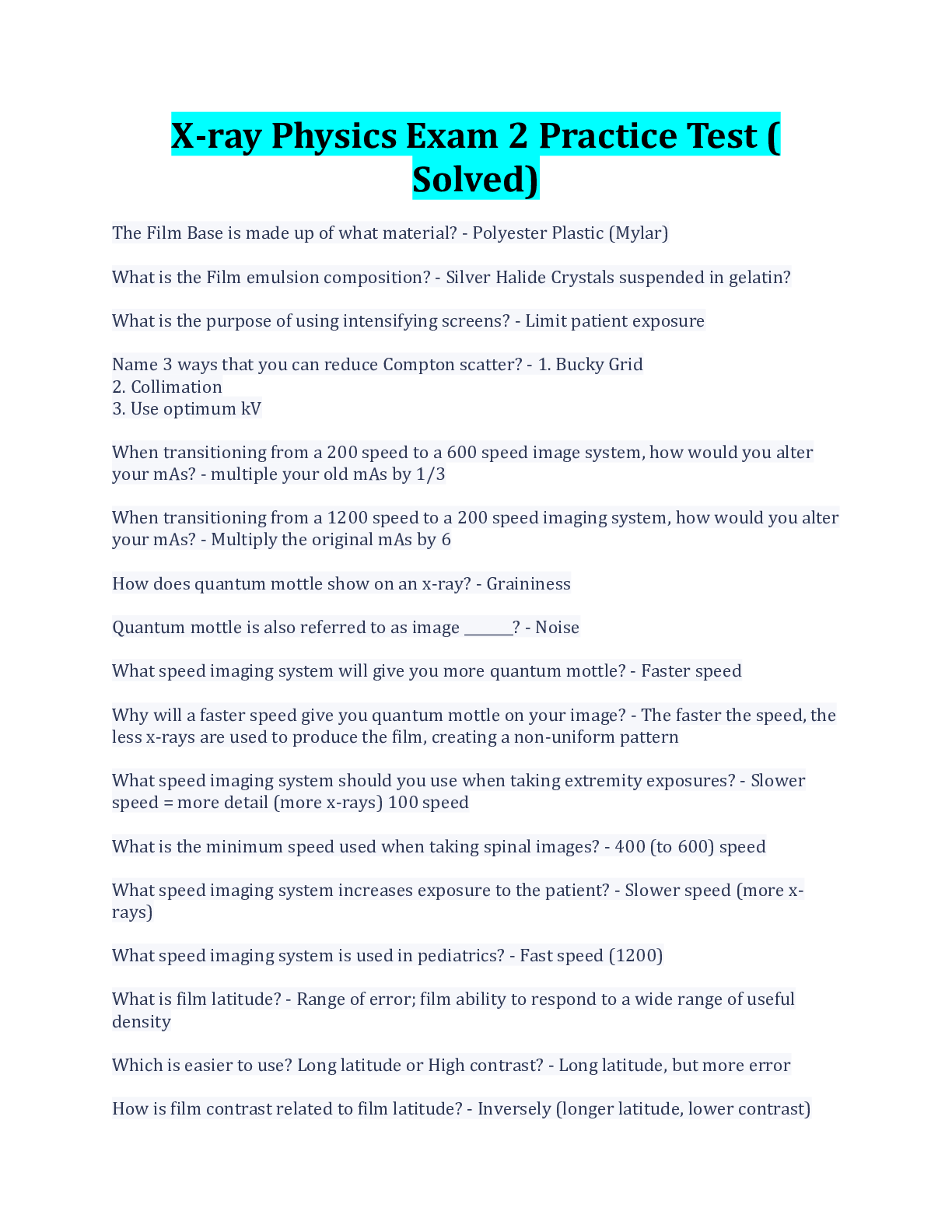 Preview image for X-ray Physics Exam 2 Practice Test ( Solved)