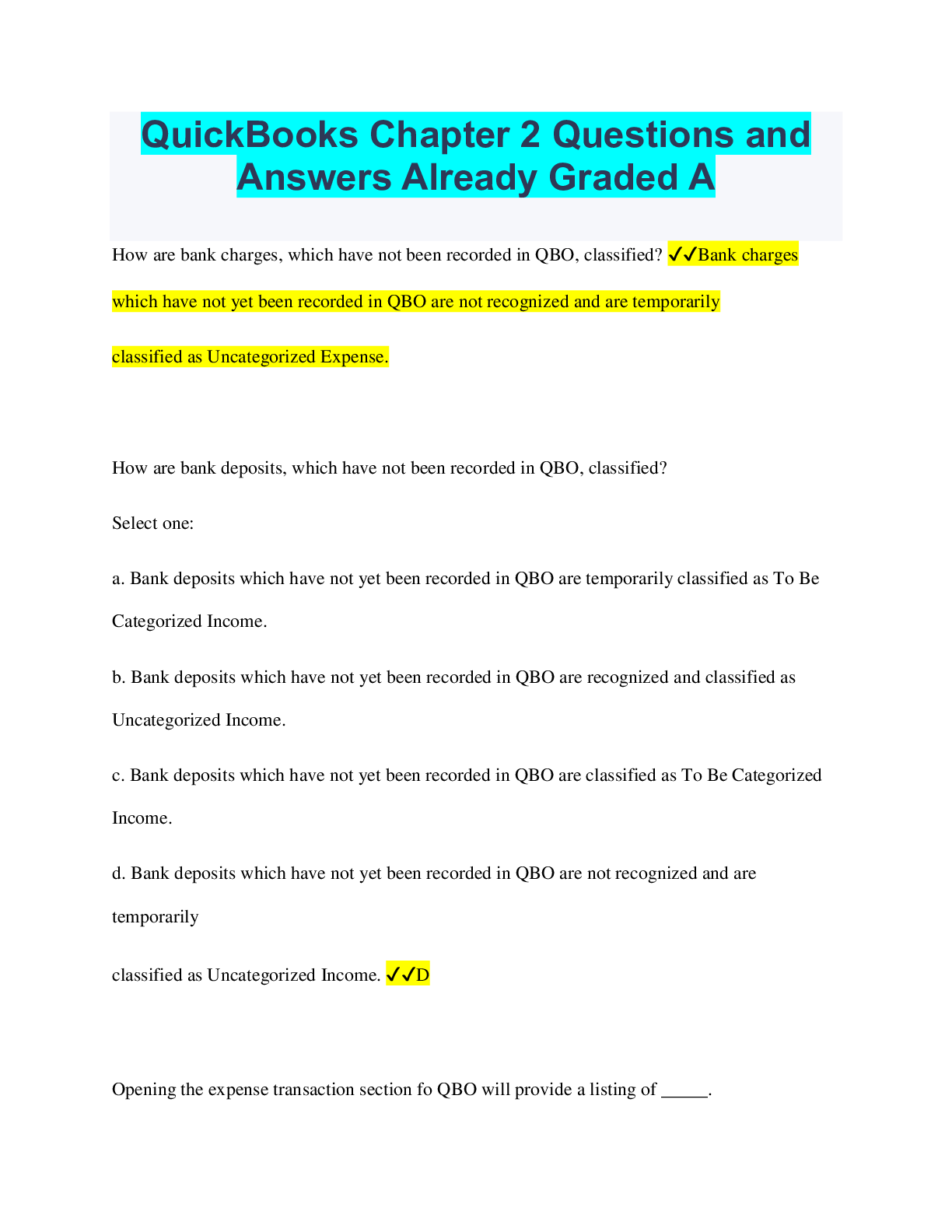 Preview image for QuickBooks Chapter 2 Questions and Answers Already Graded A