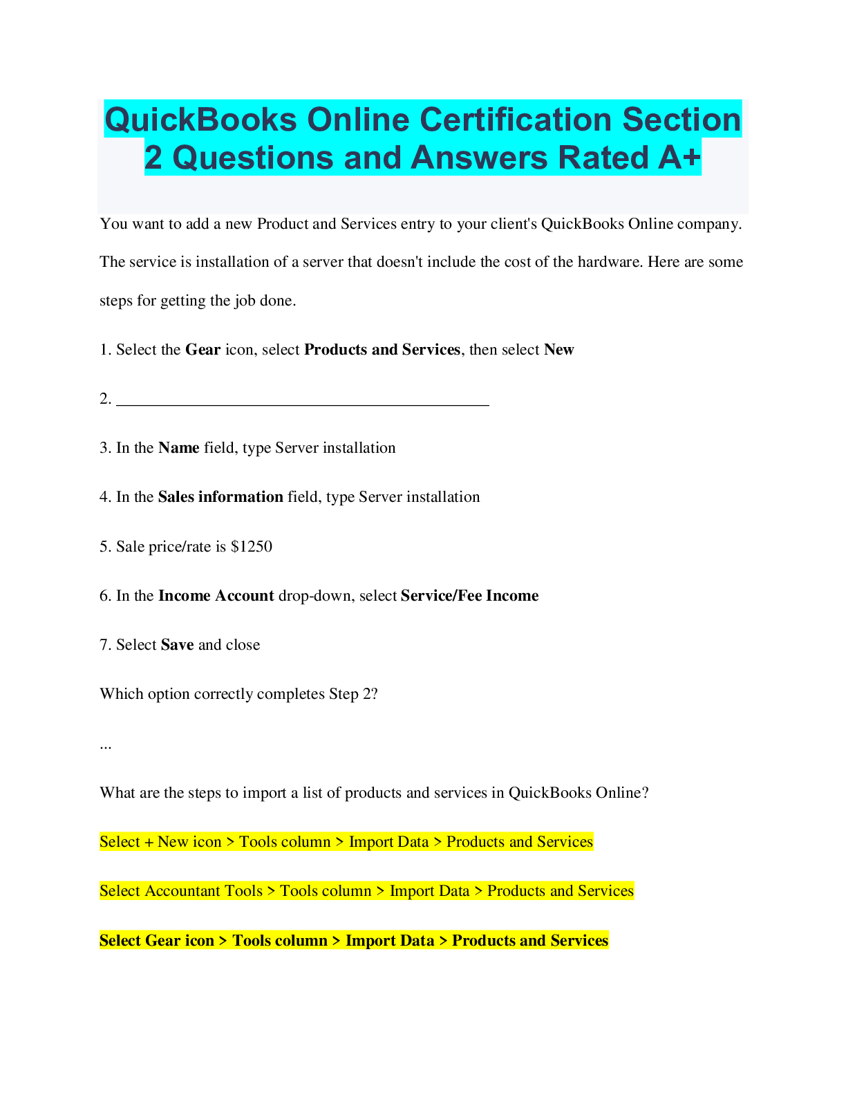 Preview of QuickBooks Online Certification Section 2 Questions and Answers Rated A+