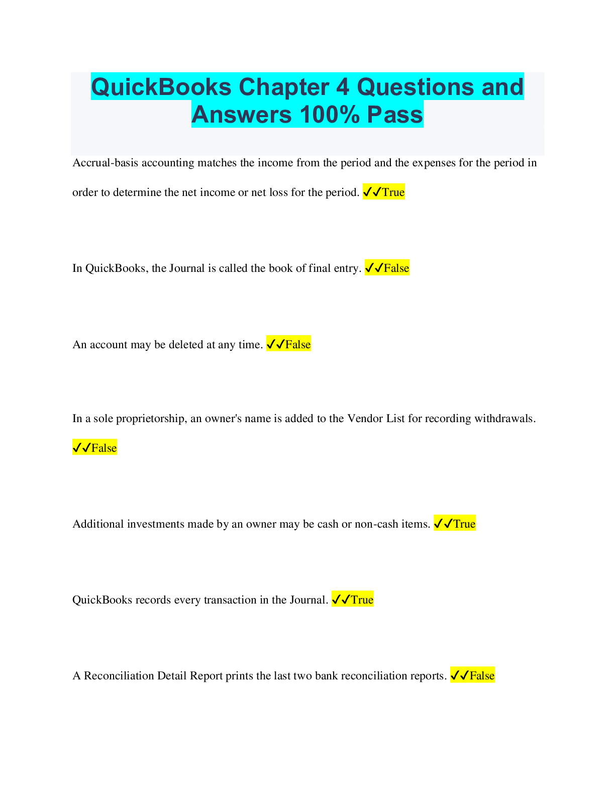Preview image of QuickBooks Chapter 4 Questions and Answers 100% Pass document