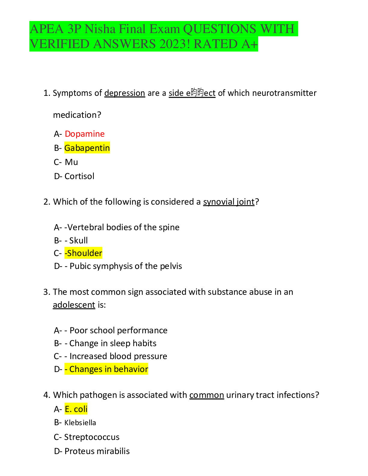 Preview image for APEA 3P Nisha Final Exam QUESTIONS WITH VERIFIED ANSWERS 2023! RATED A+