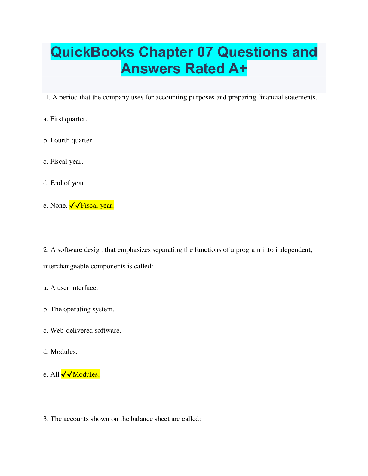 Preview of QuickBooks Chapter 07 Questions and Answers Rated A+