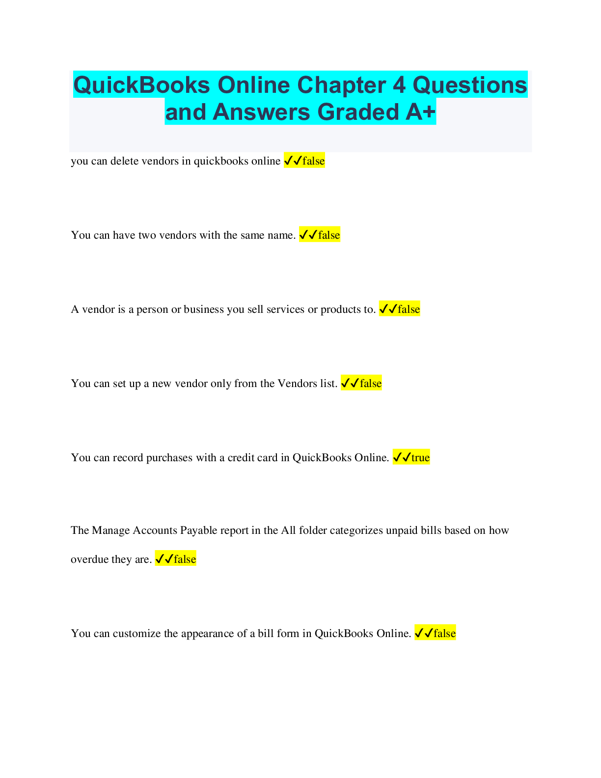 Preview image for QuickBooks Online Chapter 4 Questions and Answers Graded A+