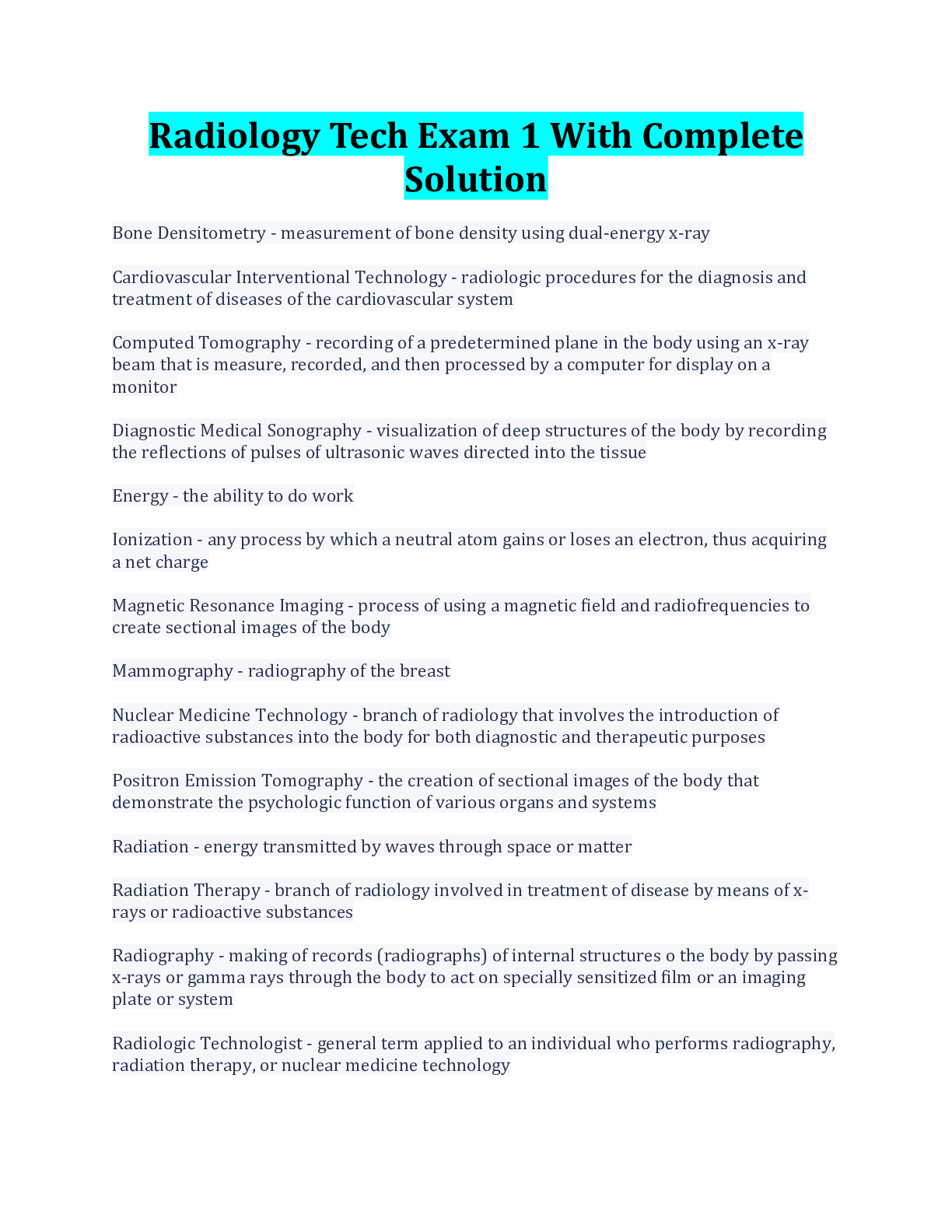 Preview image for Radiology Tech Exam 1 With Complete Solution