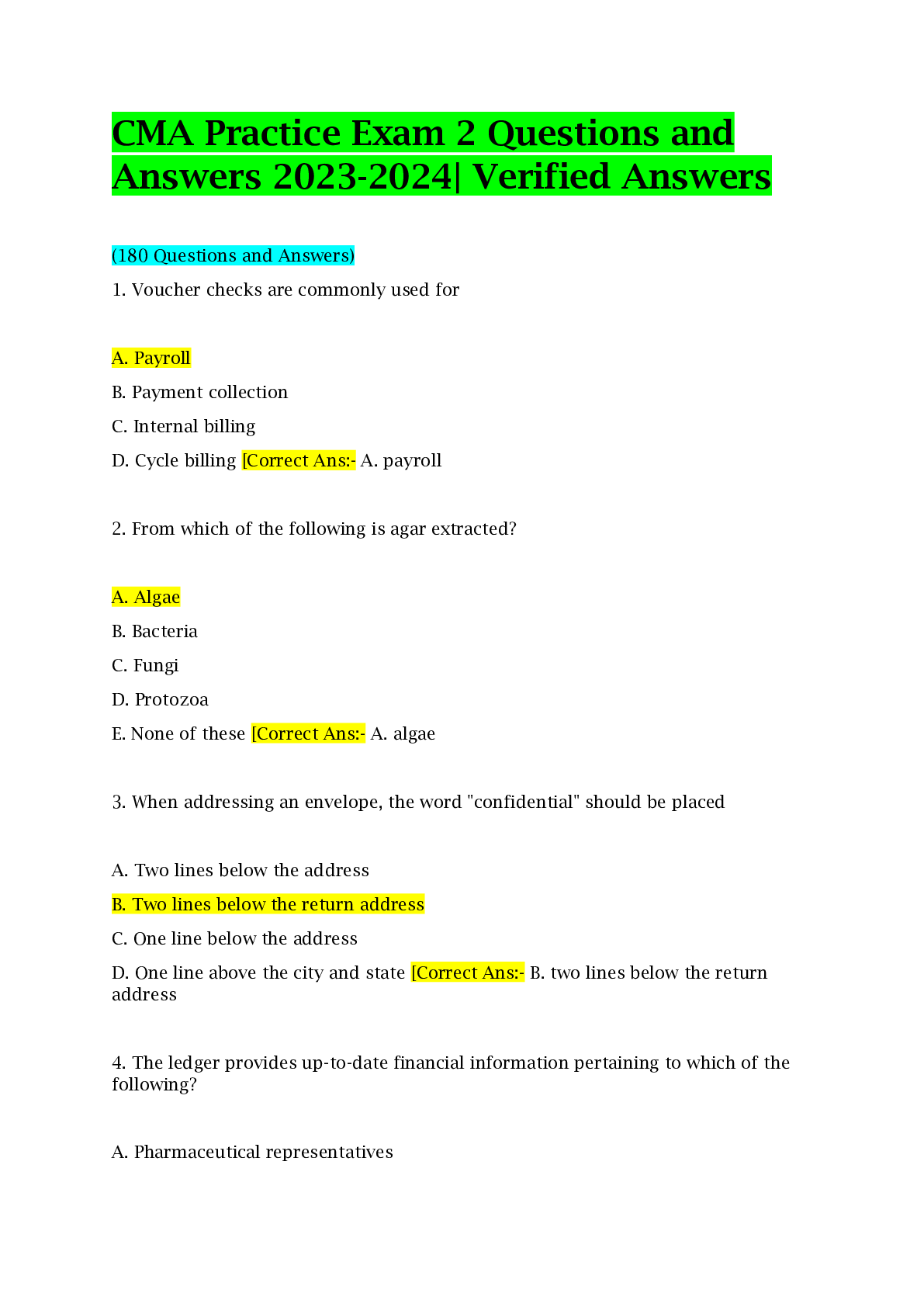 CMA Practice Exam 2 Questions and Answers 2023-2024| Verified Answers
